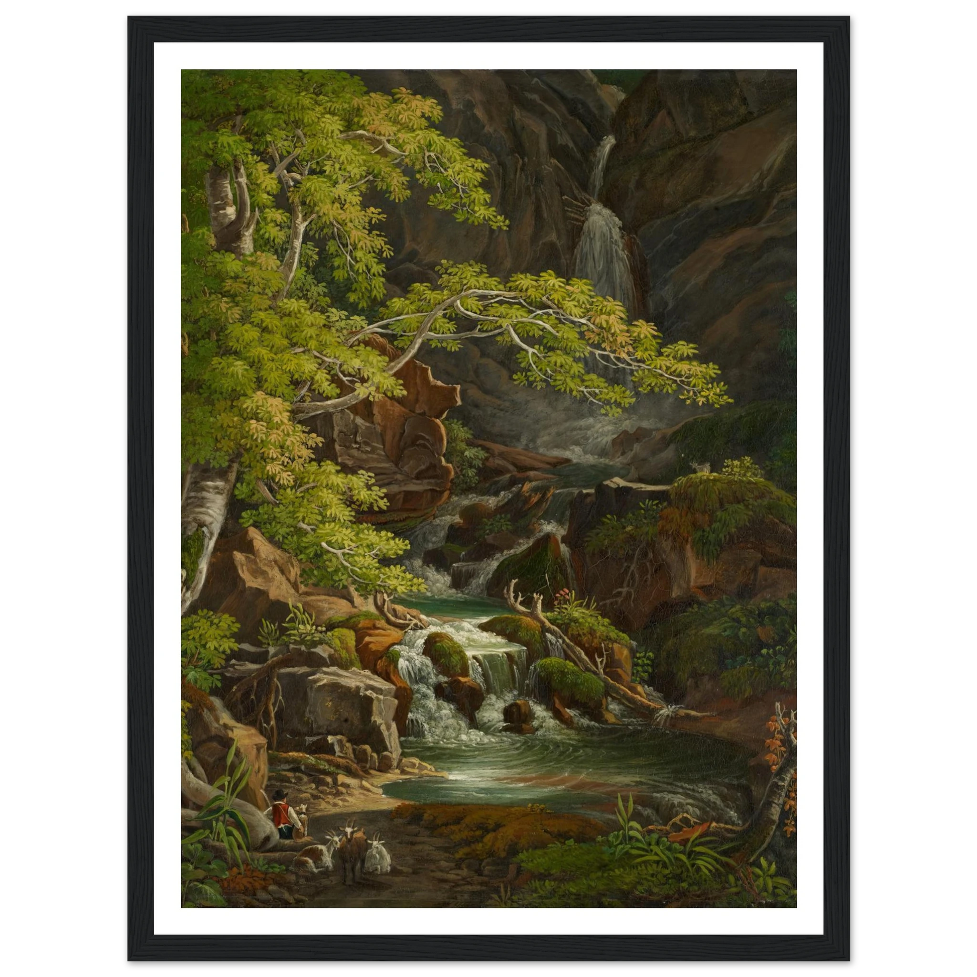 Waterfall in the Münster Valley Art Print | Peter Birmann - Framed Poster - 30x40 cm / 12x16″ - Black frame