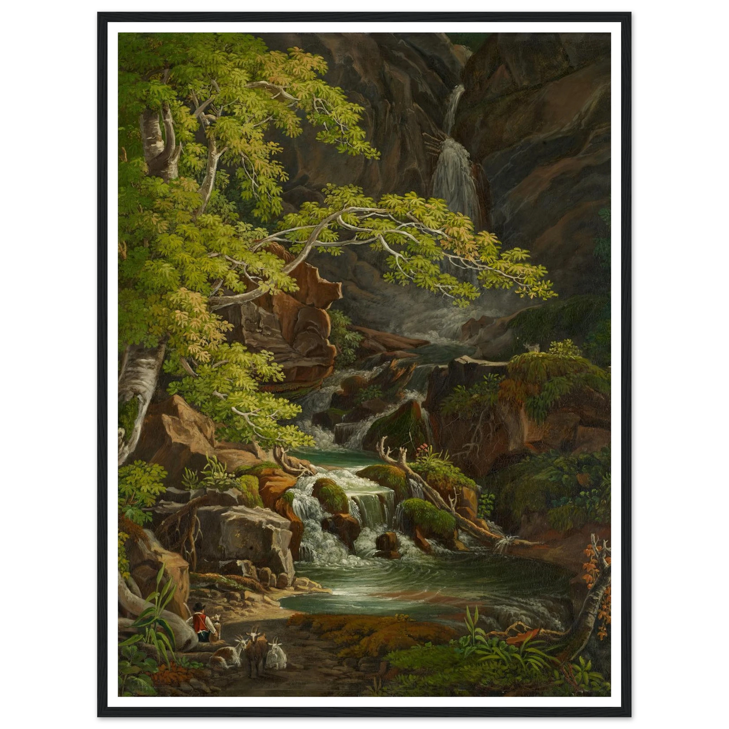 Waterfall in the Münster Valley Art Print | Peter Birmann - Framed Poster - 30x40 cm / 12x16″ - Black frame