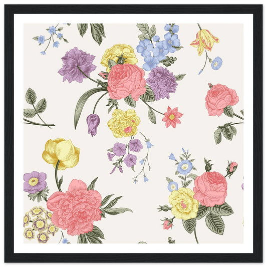 White Sketch Bouquet Art Print | William Morris Inspired - Framed Poster - 30x30 cm / 12x12″ - Black frame
