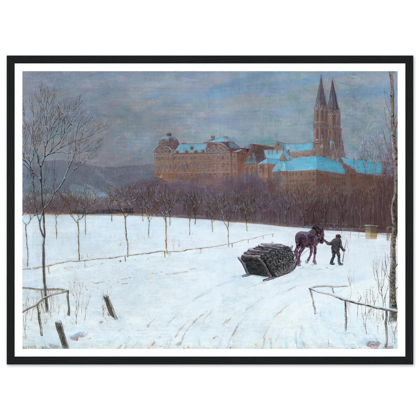Winter landscape at Klosterneuburg (1910) Art Print | Max Kahrer - Framed Poster - 30x40 cm / 12x16″ - Black frame