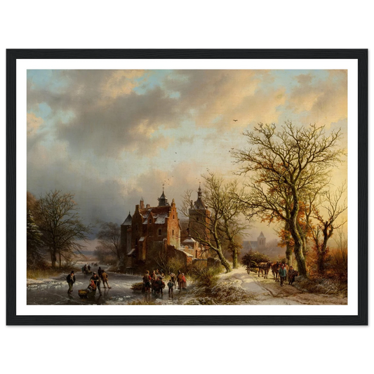 Winter landscape with wood gatherers and skaters (1854) Art Print | Barend Cornelis Koekkoek - Framed Poster - 30x40 cm / 12x16″ - Black frame