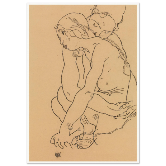 Woman and Girl Embracing (1918) Art Print | Egon Schiele - Framed Poster - 30x40 cm / 12x16″ - Black frame