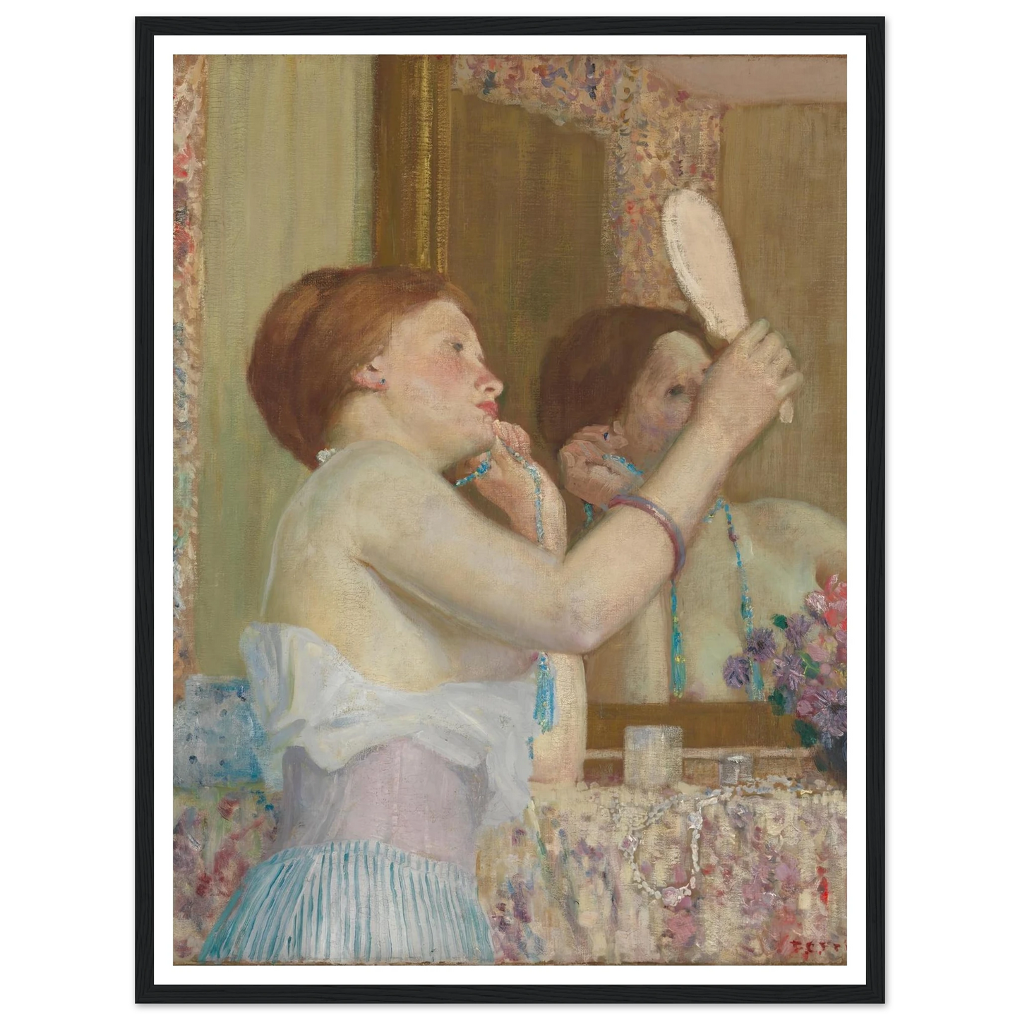 Woman with a Mirror (Femme qui se mire) (1911) Art Print | Frederick Carl Frieseke - Framed Poster - 30x40 cm / 12x16″ - Black frame