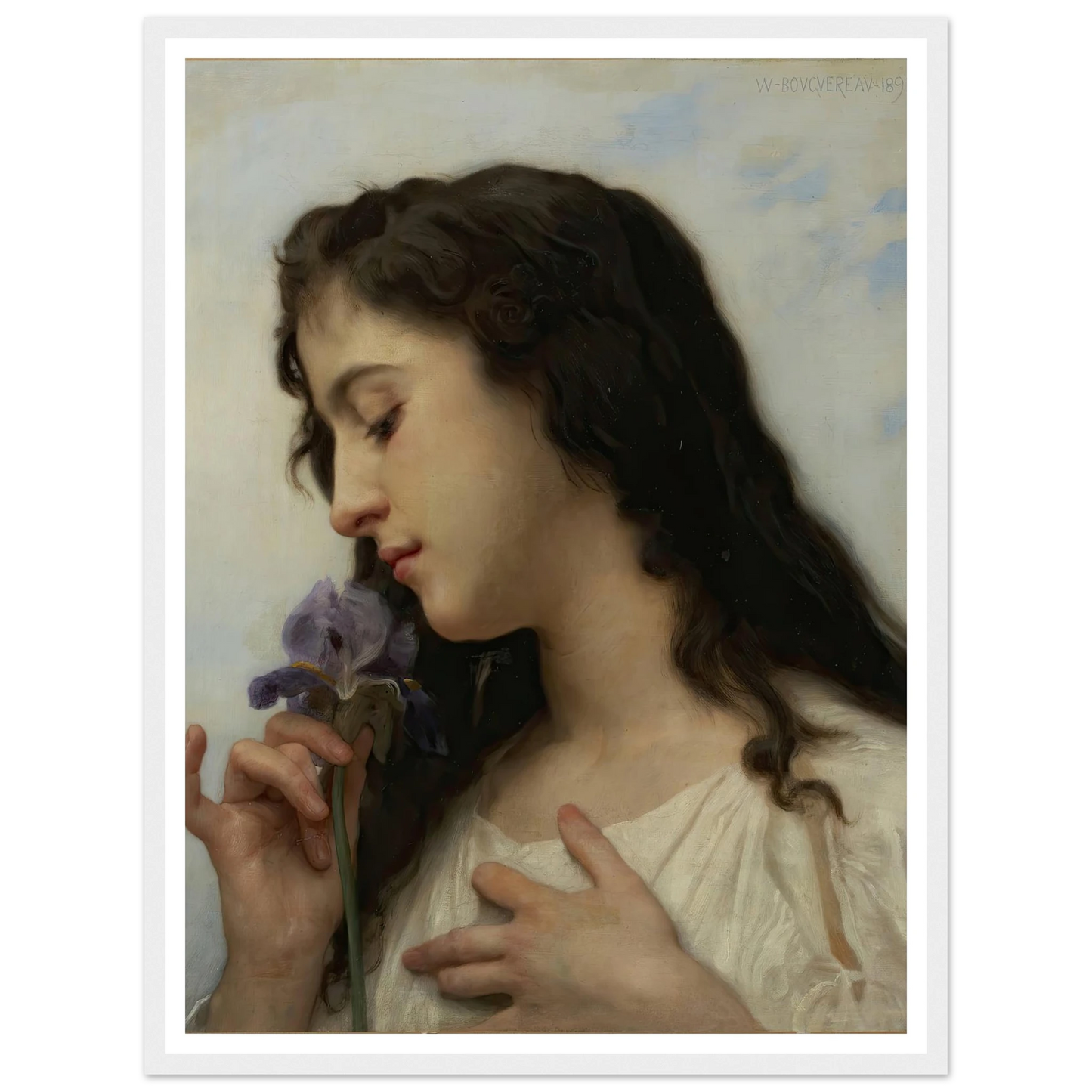 Woman with Iris (1895) Art Print | William Bouguereau - Framed Poster - 30x40 cm / 12x16″ - Black frame