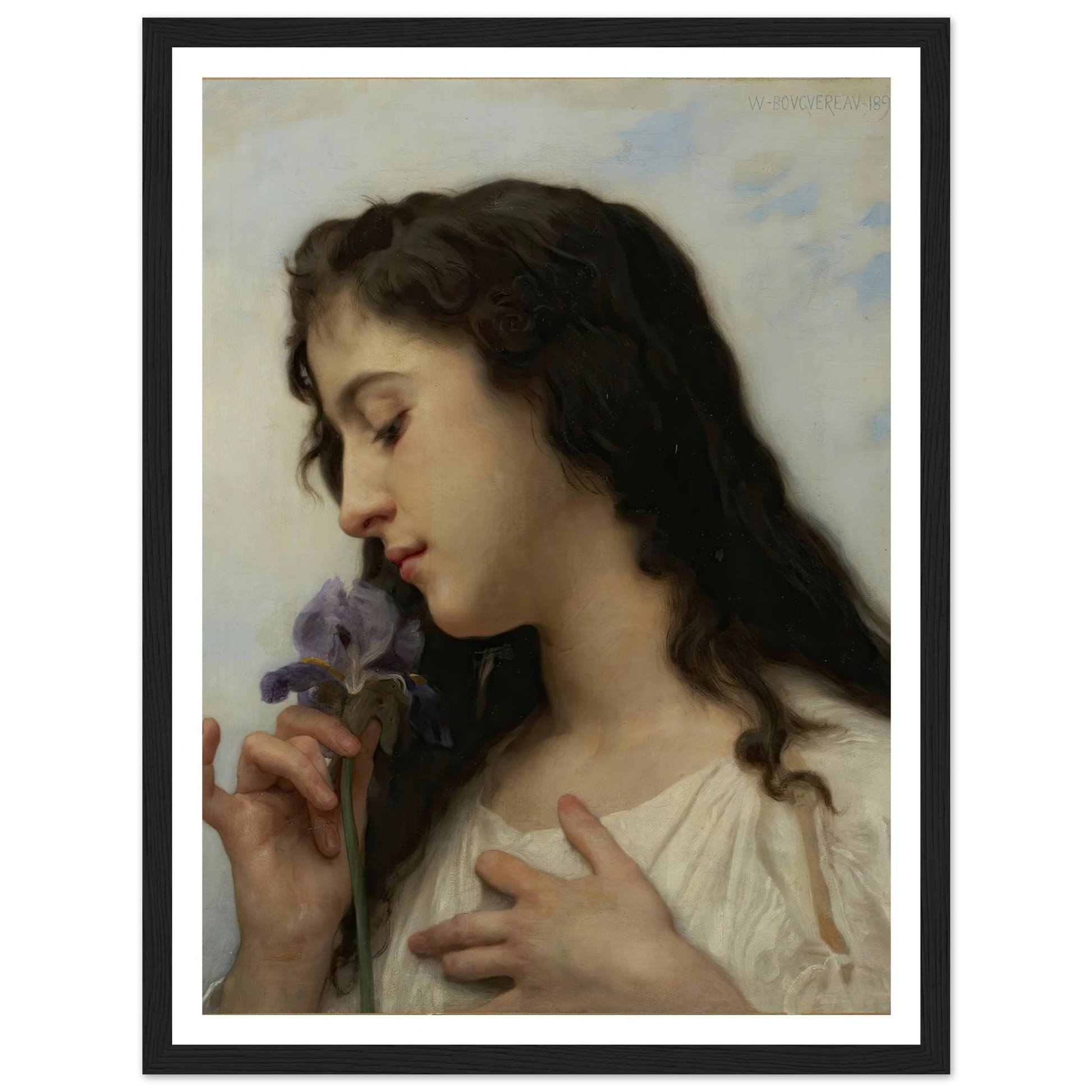 Woman with Iris (1895) Art Print | William Bouguereau - Framed Poster - 30x40 cm / 12x16″ - Black frame