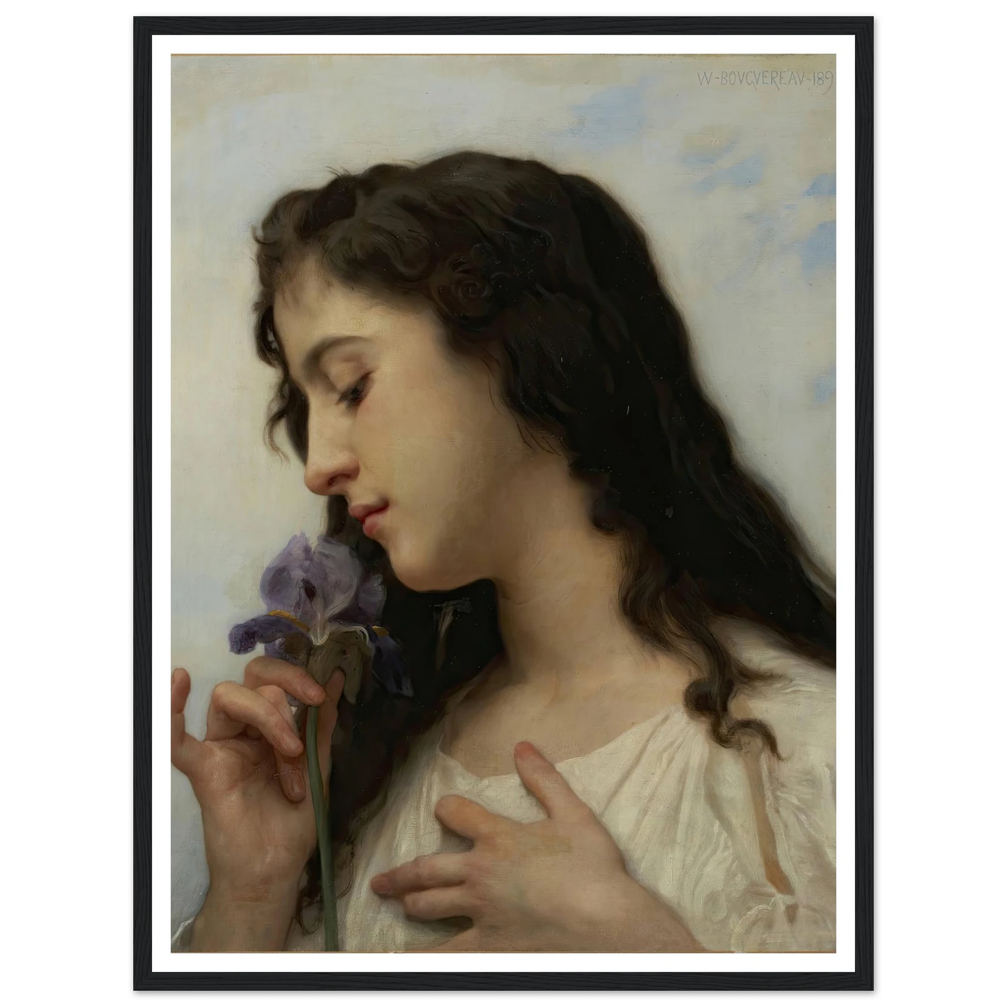 Woman with Iris (1895) Art Print | William Bouguereau - Framed Poster - 30x40 cm / 12x16″ - Black frame