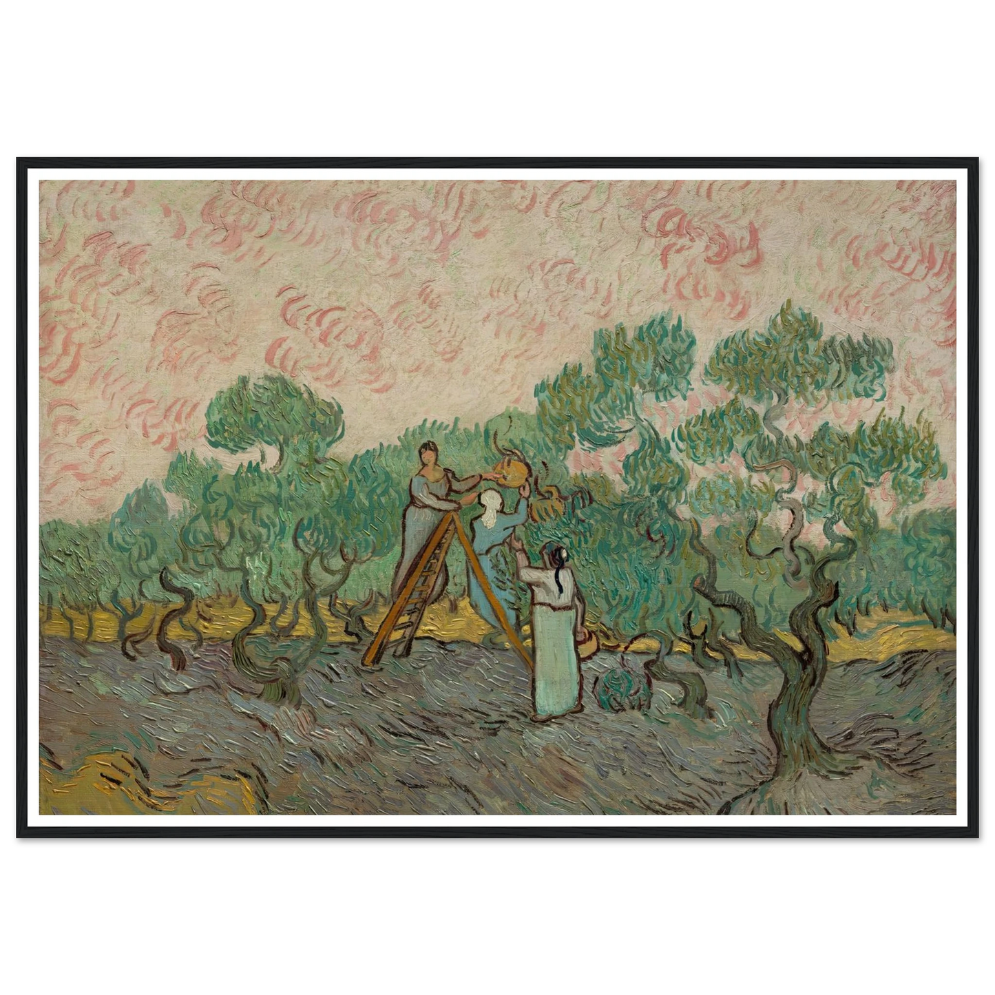 Women Picking Olives (1889) Art Print | Vincent van Gogh - Framed Poster - 30x40 cm / 12x16″ - Black frame