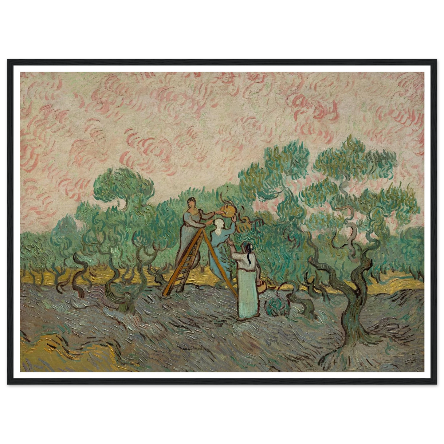 Women Picking Olives (1889) Art Print | Vincent van Gogh - Framed Poster - 30x40 cm / 12x16″ - Black frame