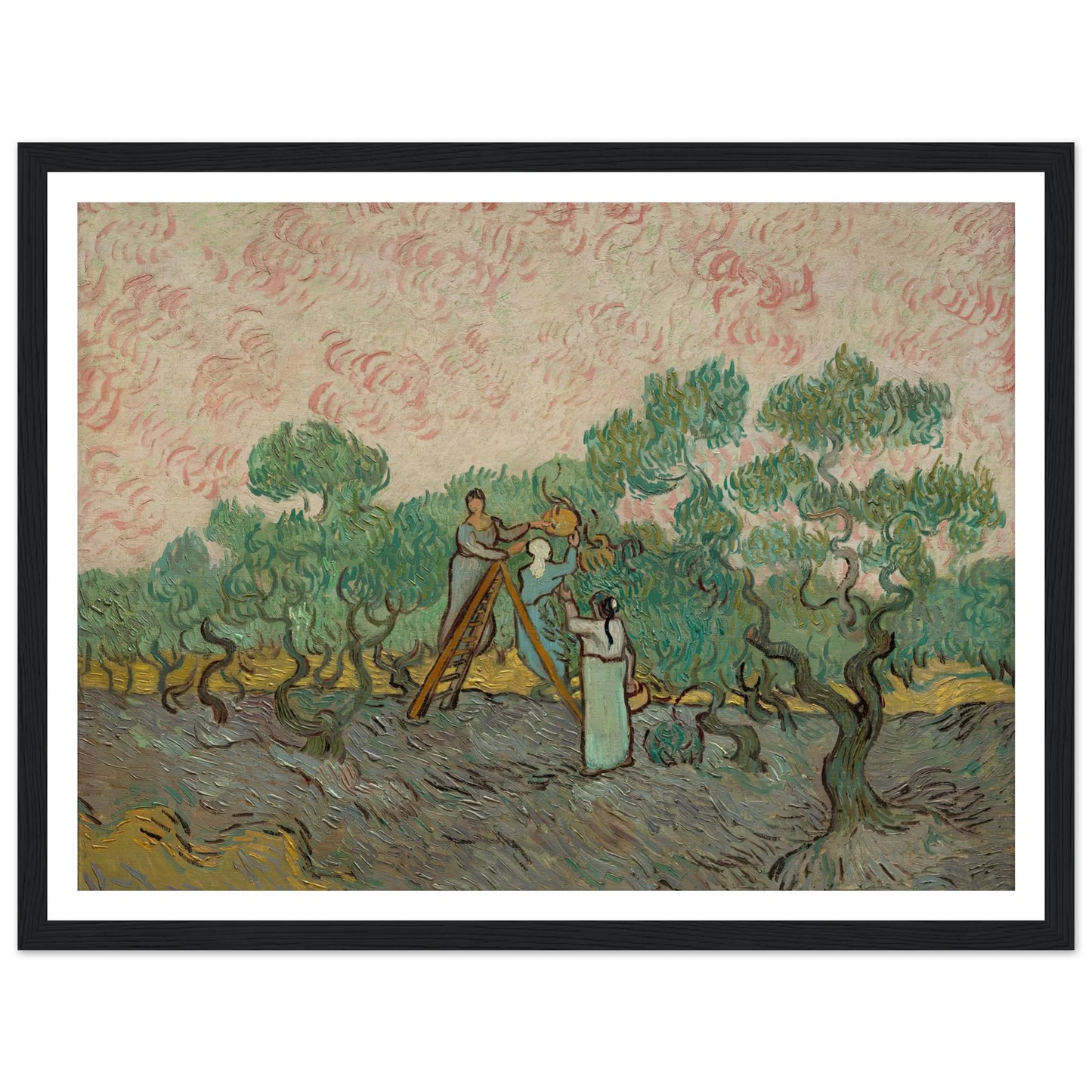 Women Picking Olives (1889) Art Print | Vincent van Gogh - Framed Poster - 30x40 cm / 12x16″ - Black frame