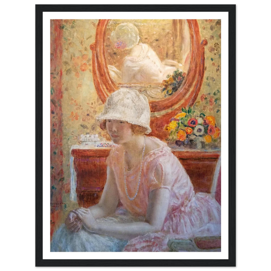 Young Girl Before a Mirror in a Pink Dress (1923) Art Print | Frederick Carl Frieseke - Framed Poster - 30x40 cm / 12x16″ - Black frame