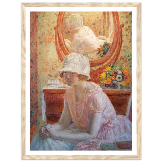 Young Girl Before a Mirror in a Pink Dress (1923) Art Print | Frederick Carl Frieseke - Framed Poster - 30x40 cm / 12x16″ - Black frame