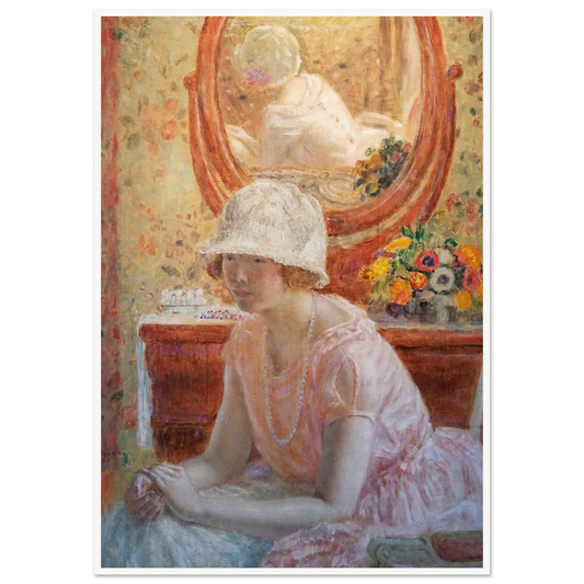 Young Girl Before a Mirror in a Pink Dress (1923) Art Print | Frederick Carl Frieseke - Framed Poster - 30x40 cm / 12x16″ - Black frame
