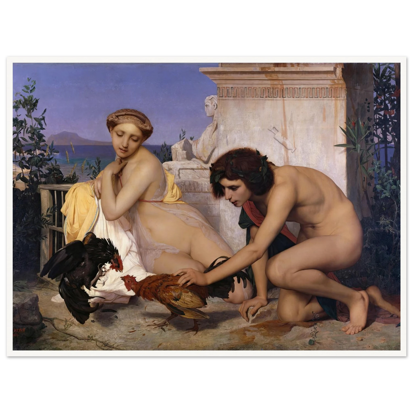 Young Greeks Attending a Cock Fight (1846) Art Print | Jean Leon Gerome - Framed Poster - 30x40 cm / 12x16″ - Black frame