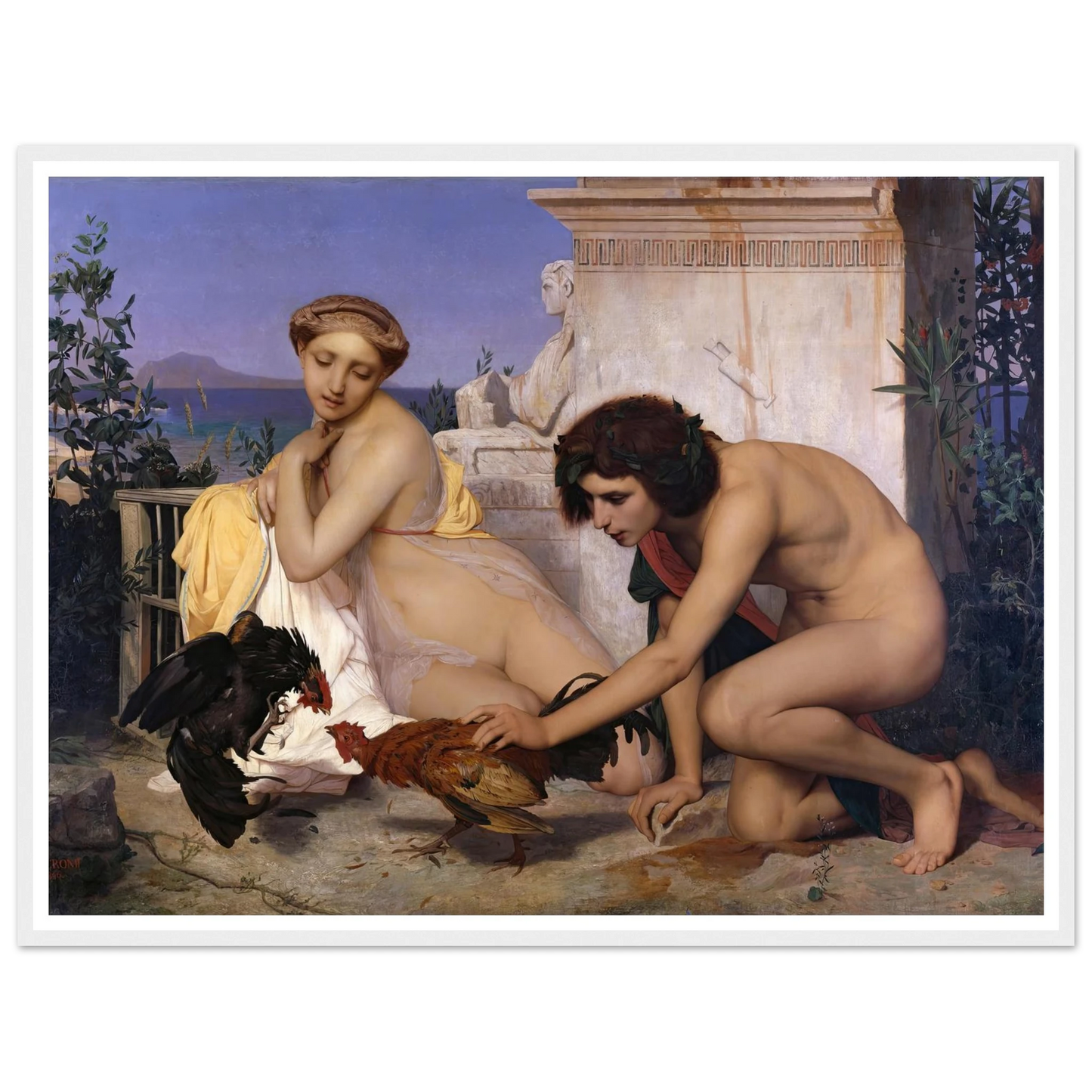 Young Greeks Attending a Cock Fight (1846) Art Print | Jean Leon Gerome - Framed Poster - 30x40 cm / 12x16″ - Black frame