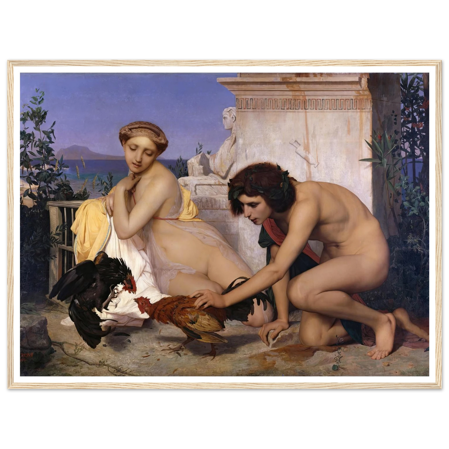Young Greeks Attending a Cock Fight (1846) Art Print | Jean Leon Gerome - Framed Poster - 30x40 cm / 12x16″ - Black frame