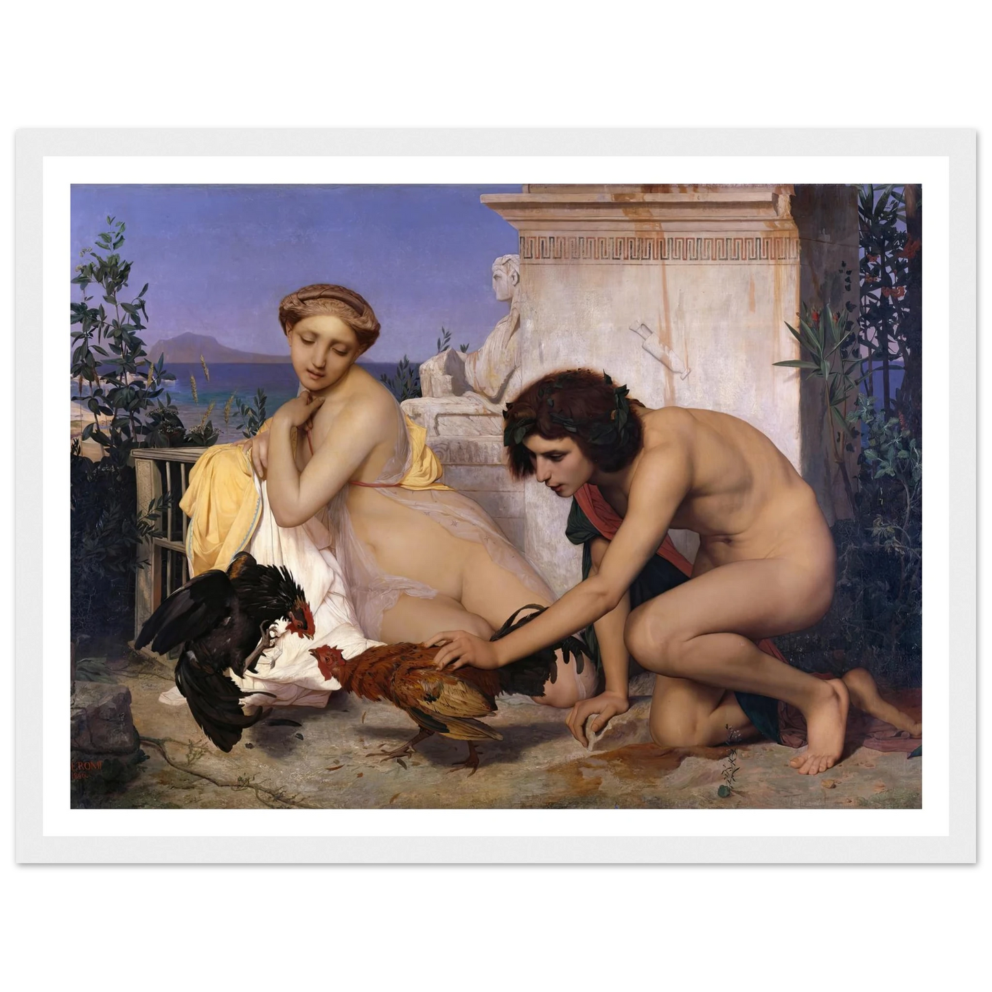 Young Greeks Attending a Cock Fight (1846) Art Print | Jean Leon Gerome - Framed Poster - 30x40 cm / 12x16″ - Black frame