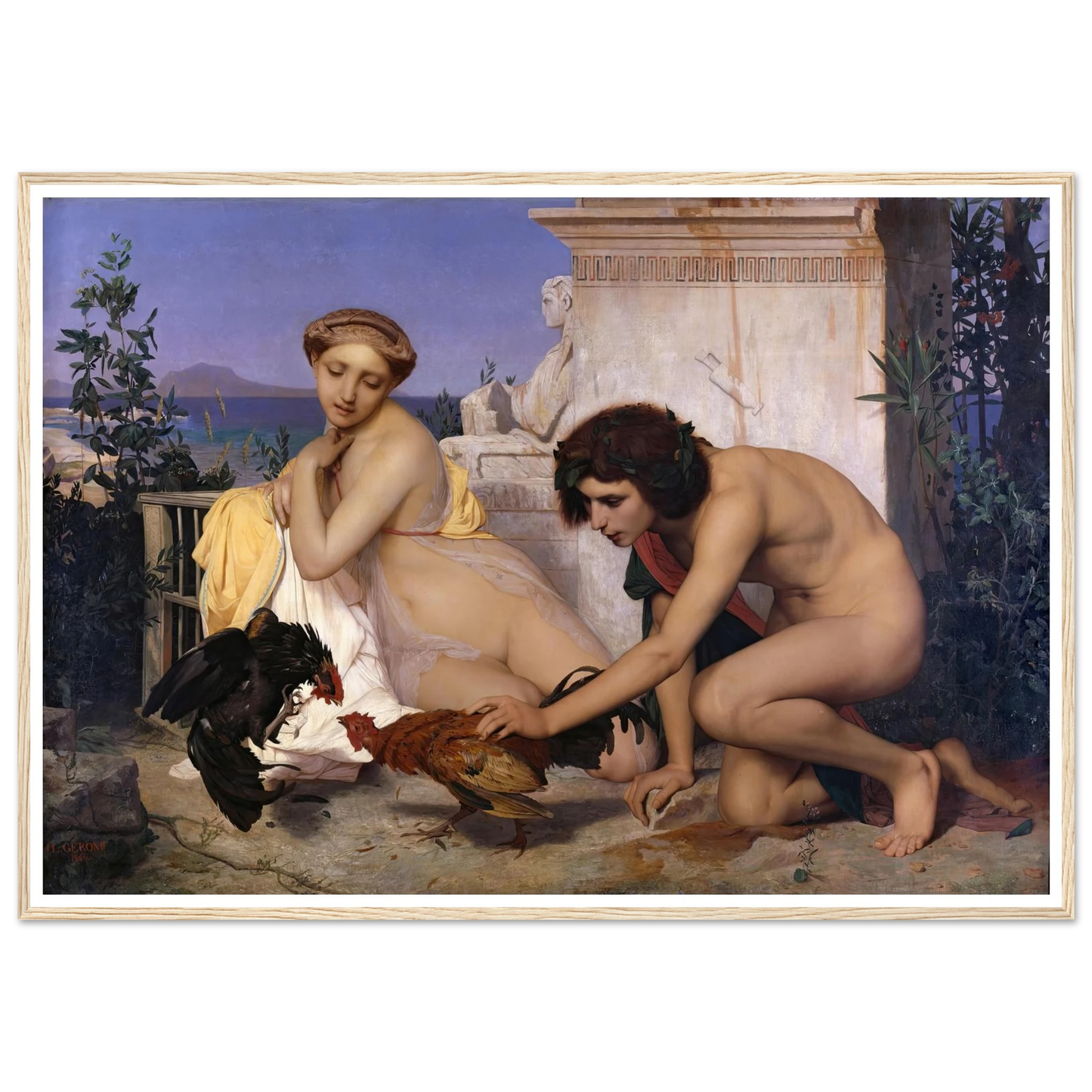 Young Greeks Attending a Cock Fight (1846) Art Print | Jean Leon Gerome - Framed Poster - 30x40 cm / 12x16″ - Black frame