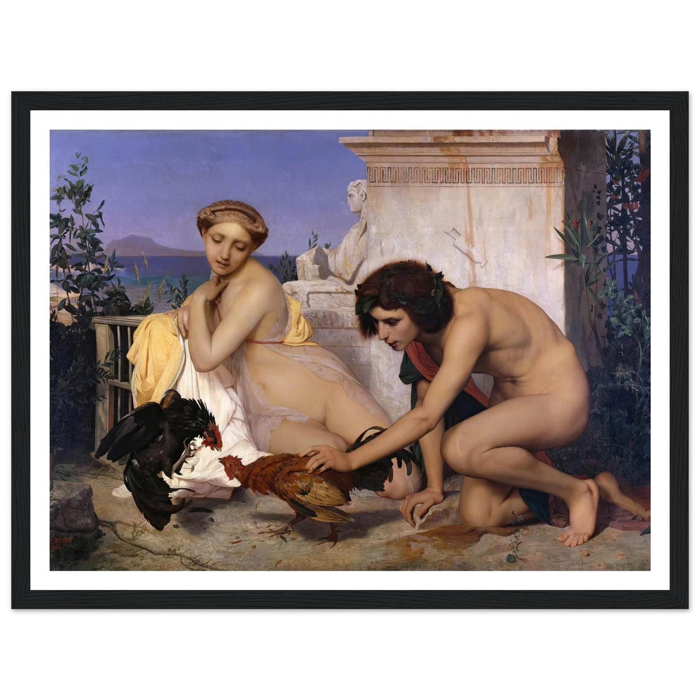 Young Greeks Attending a Cock Fight (1846) Art Print | Jean Leon Gerome - Framed Poster - 30x40 cm / 12x16″ - Black frame