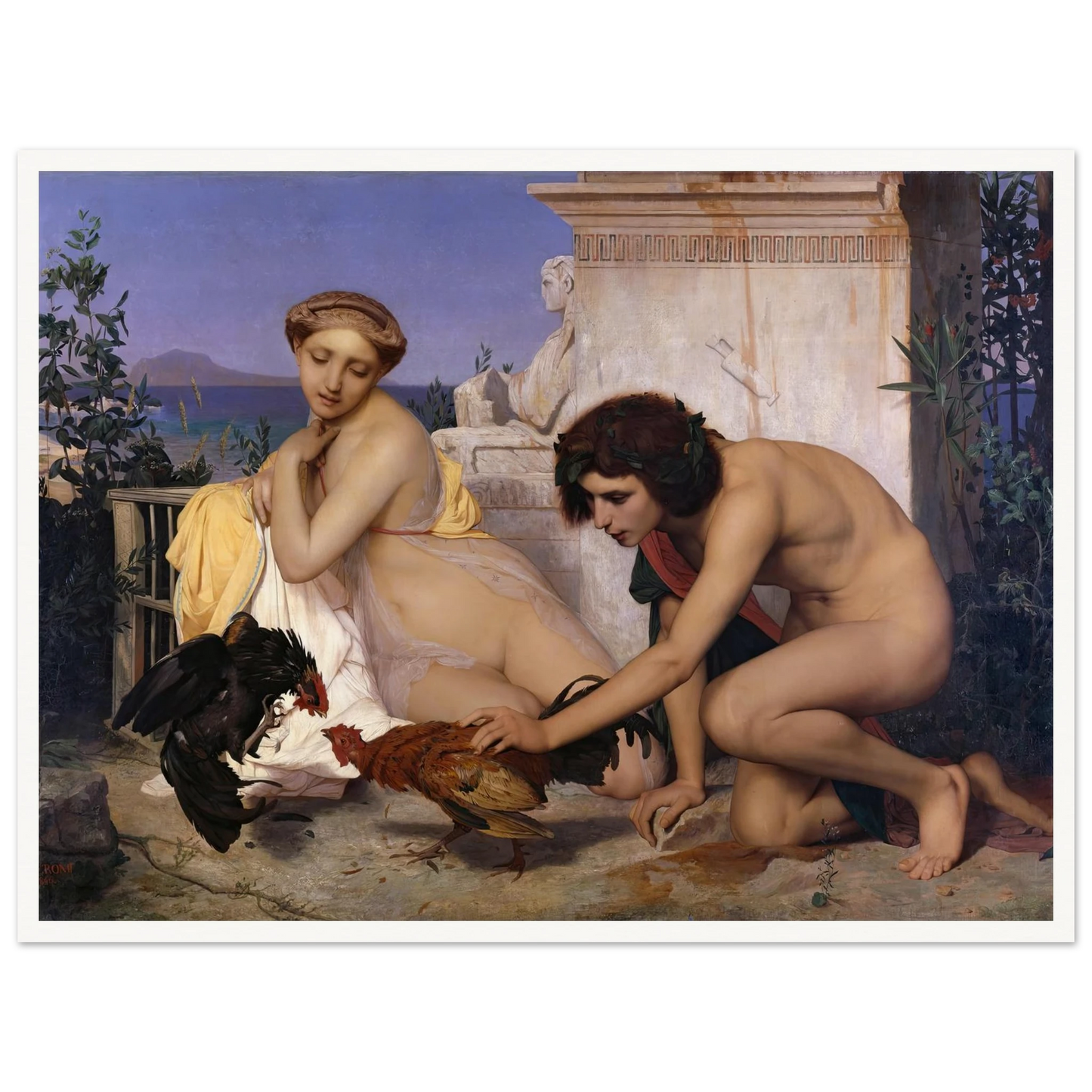 Young Greeks Attending a Cock Fight (1846) Art Print | Jean Leon Gerome - Framed Poster - 30x40 cm / 12x16″ - Black frame