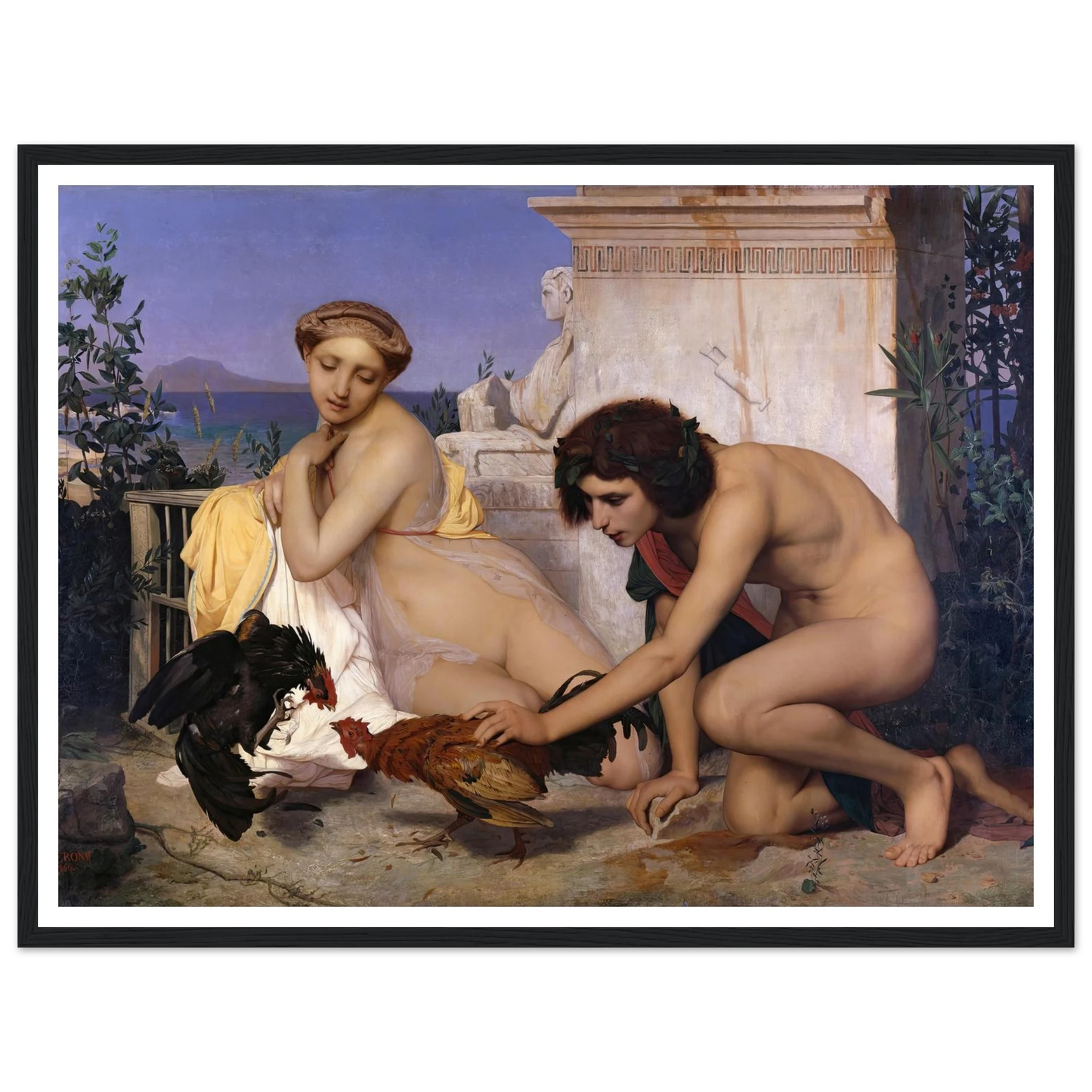 Young Greeks Attending a Cock Fight (1846) Art Print | Jean Leon Gerome - Framed Poster - 30x40 cm / 12x16″ - Black frame