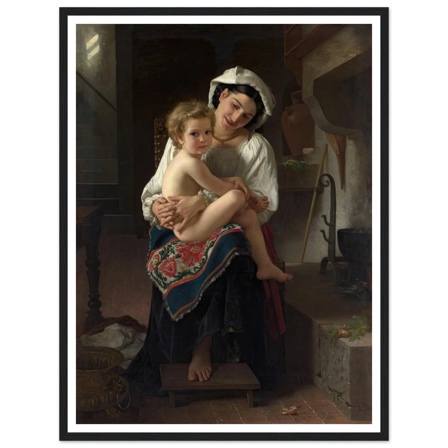 Young Mother Gazing at Her Child (1871) Art Print | William Bouguereau - Framed Poster - 30x40 cm / 12x16″ - Black frame