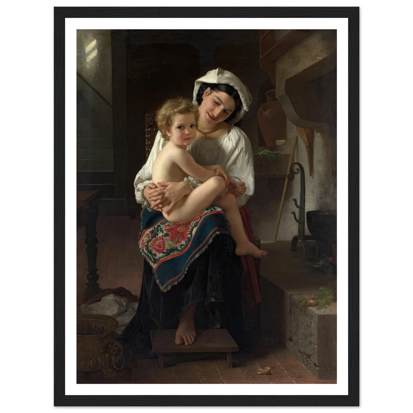 Young Mother Gazing at Her Child (1871) Art Print | William Bouguereau - Framed Poster - 30x40 cm / 12x16″ - Black frame