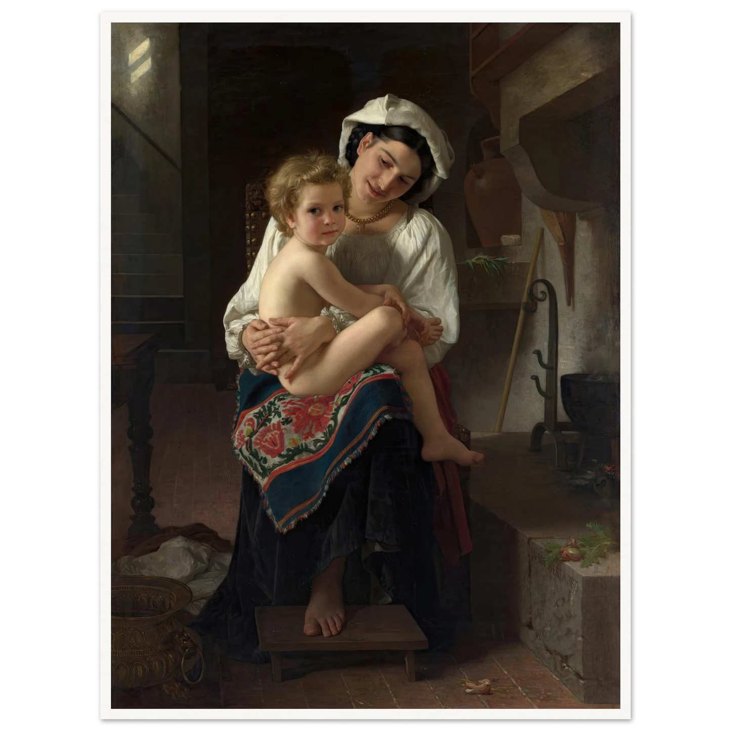 Young Mother Gazing at Her Child (1871) Art Print | William Bouguereau - Framed Poster - 30x40 cm / 12x16″ - Black frame