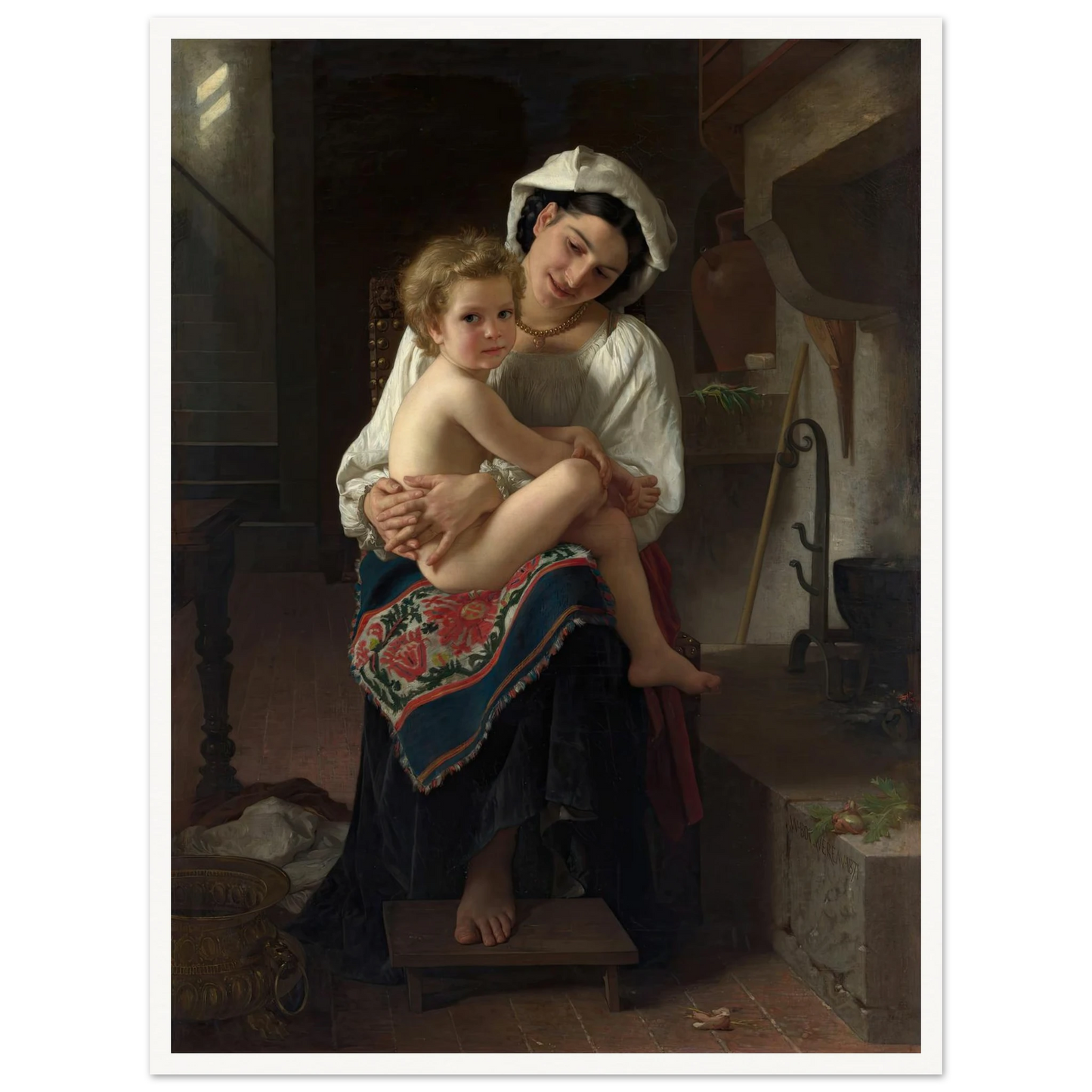 Young Mother Gazing at Her Child (1871) Art Print | William Bouguereau - Framed Poster - 30x40 cm / 12x16″ - Black frame