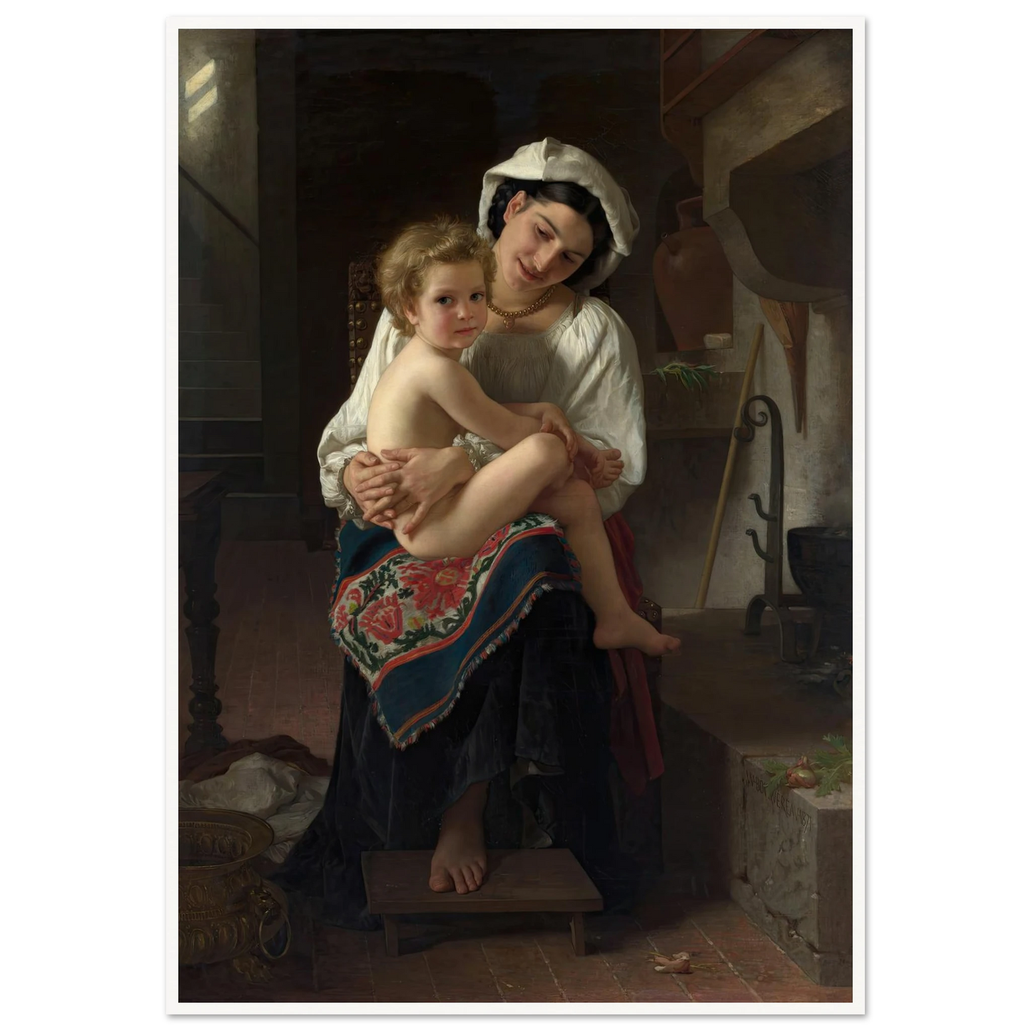 Young Mother Gazing at Her Child (1871) Art Print | William Bouguereau - Framed Poster - 30x40 cm / 12x16″ - Black frame