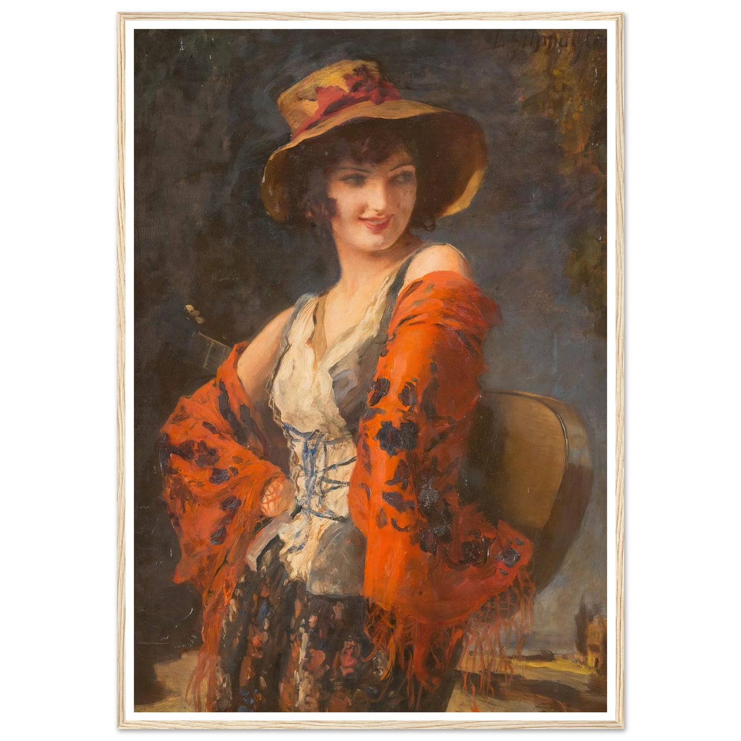 Young woman with guitar Art Print | Leopold Schmutzler - Framed Poster - 30x40 cm / 12x16″ - Black frame