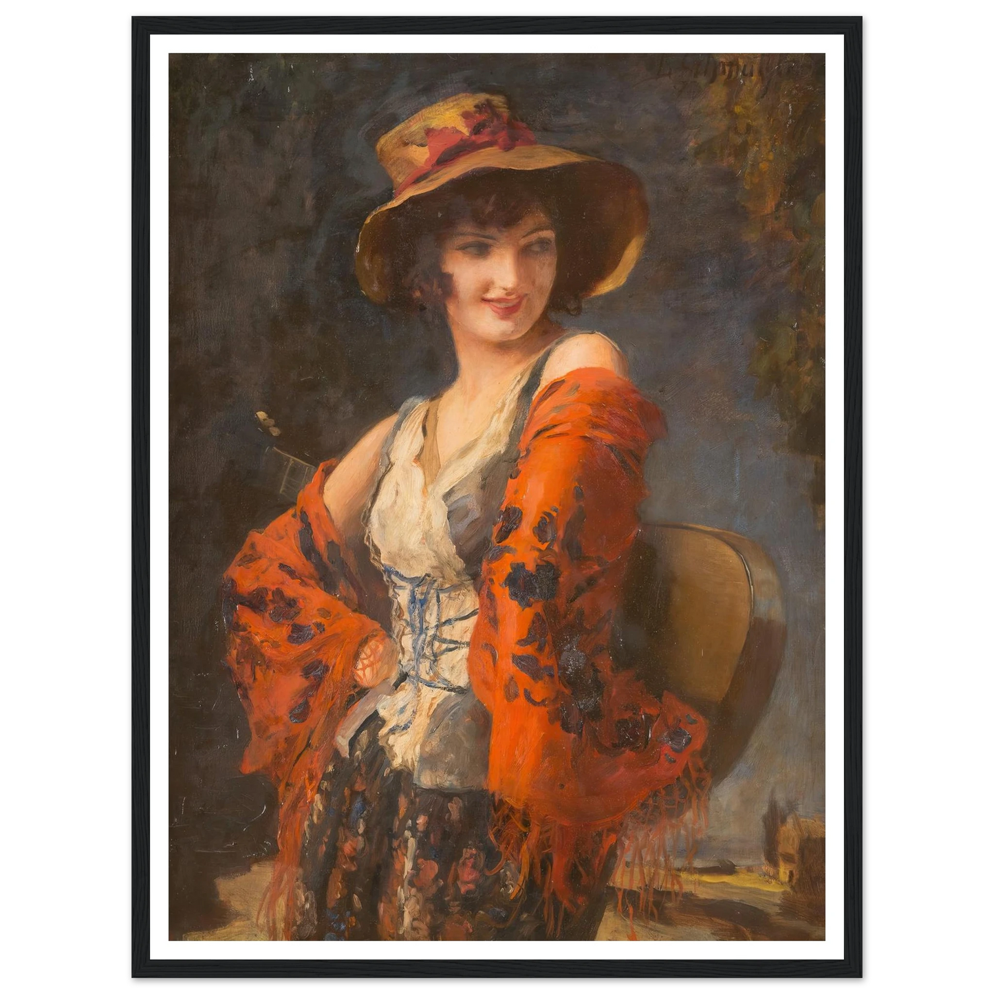 Young woman with guitar Art Print | Leopold Schmutzler - Framed Poster - 30x40 cm / 12x16″ - Black frame