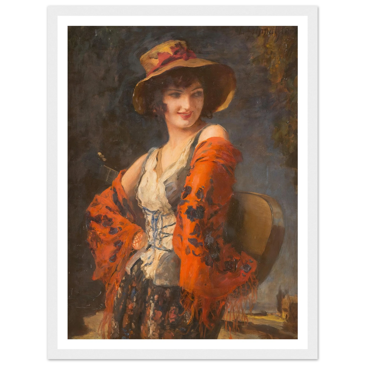Young woman with guitar Art Print | Leopold Schmutzler - Framed Poster - 30x40 cm / 12x16″ - Black frame