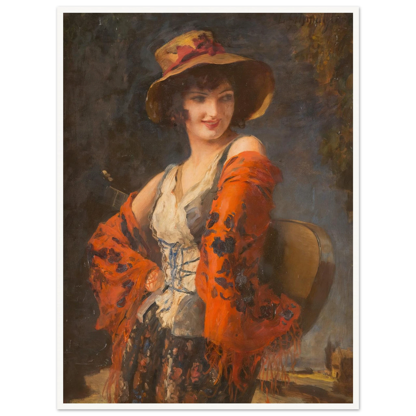 Young woman with guitar Art Print | Leopold Schmutzler - Framed Poster - 30x40 cm / 12x16″ - Black frame