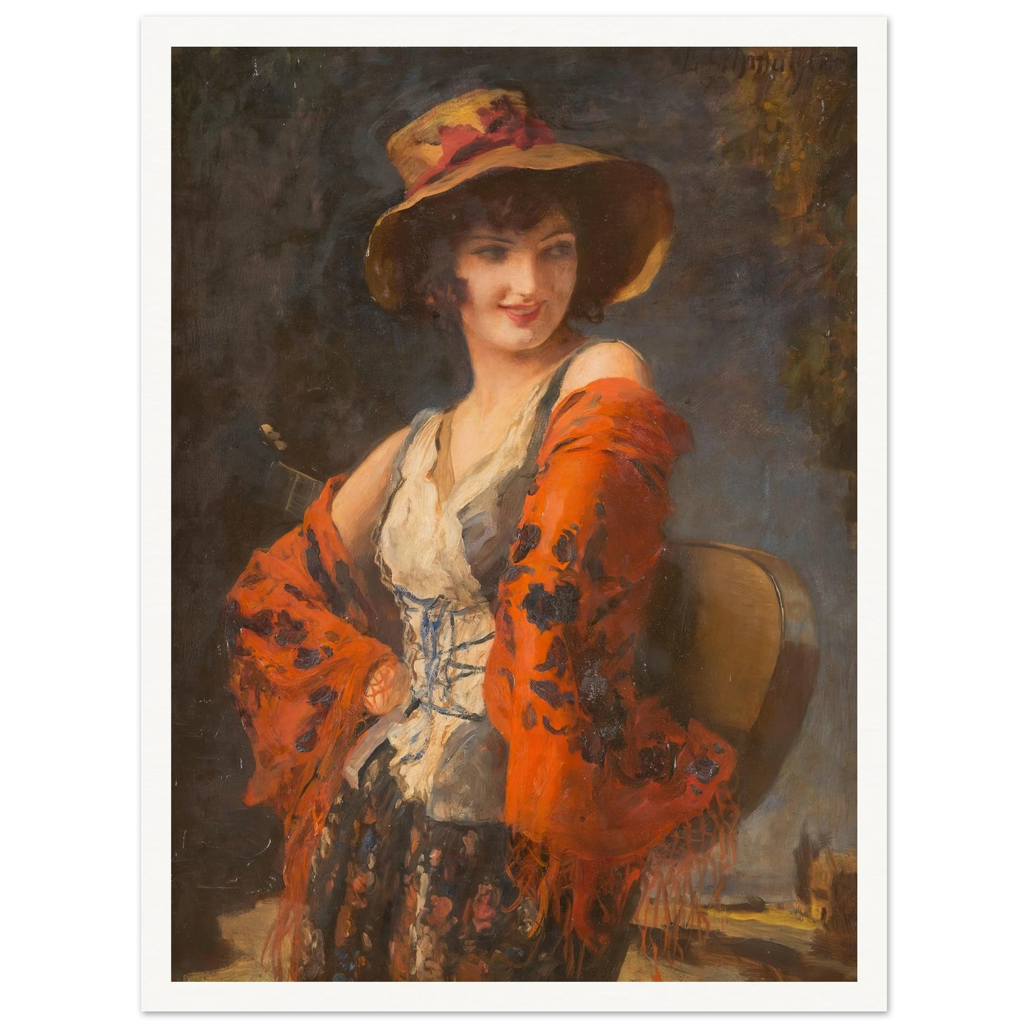 Young woman with guitar Art Print | Leopold Schmutzler - Framed Poster - 30x40 cm / 12x16″ - Black frame