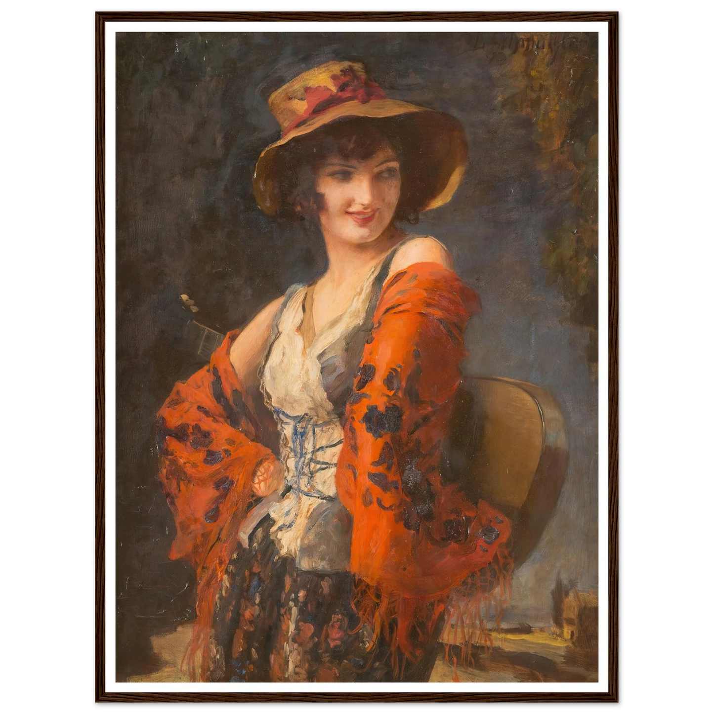 Young woman with guitar Art Print | Leopold Schmutzler - Framed Poster - 30x40 cm / 12x16″ - Black frame