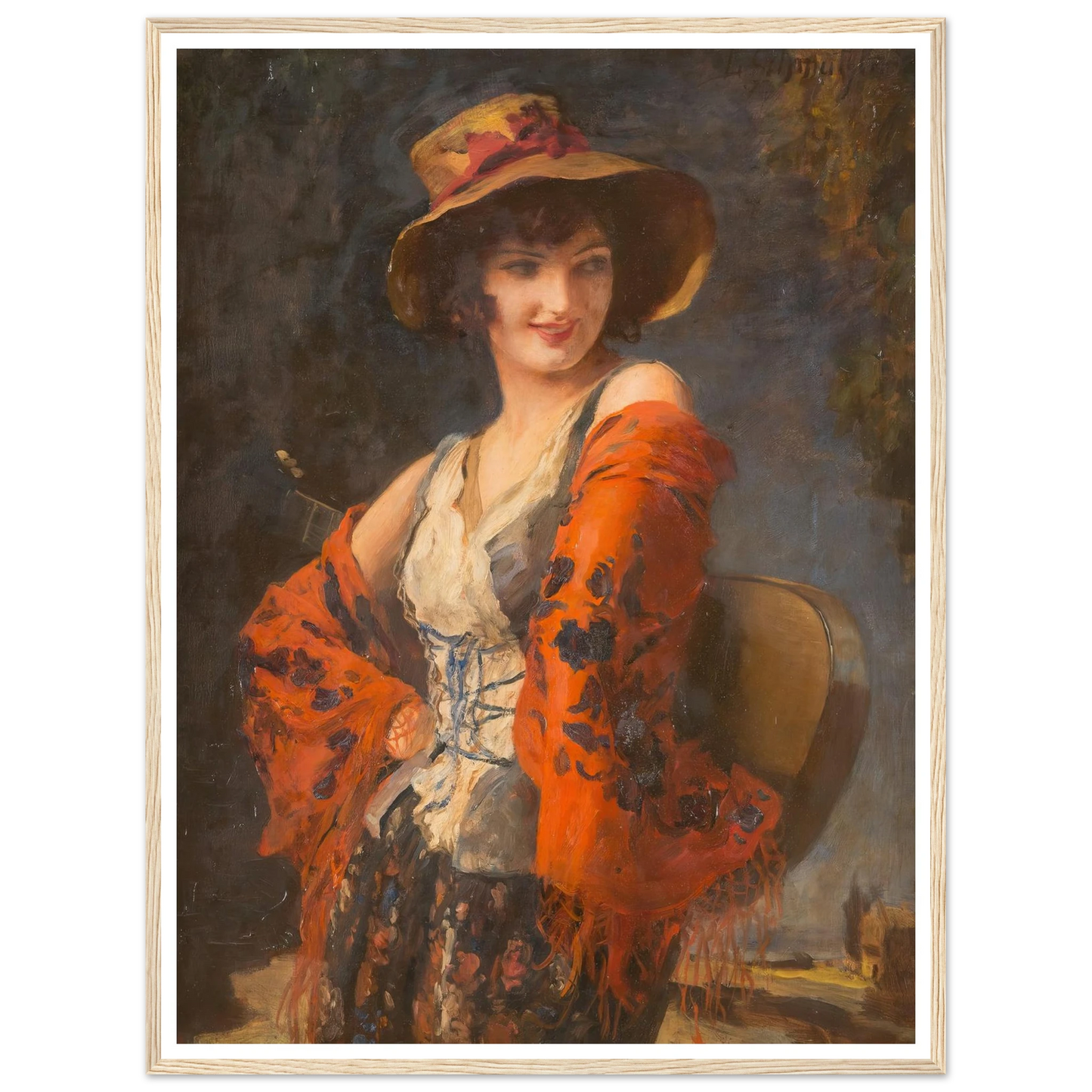 Young woman with guitar Art Print | Leopold Schmutzler - Framed Poster - 30x40 cm / 12x16″ - Black frame