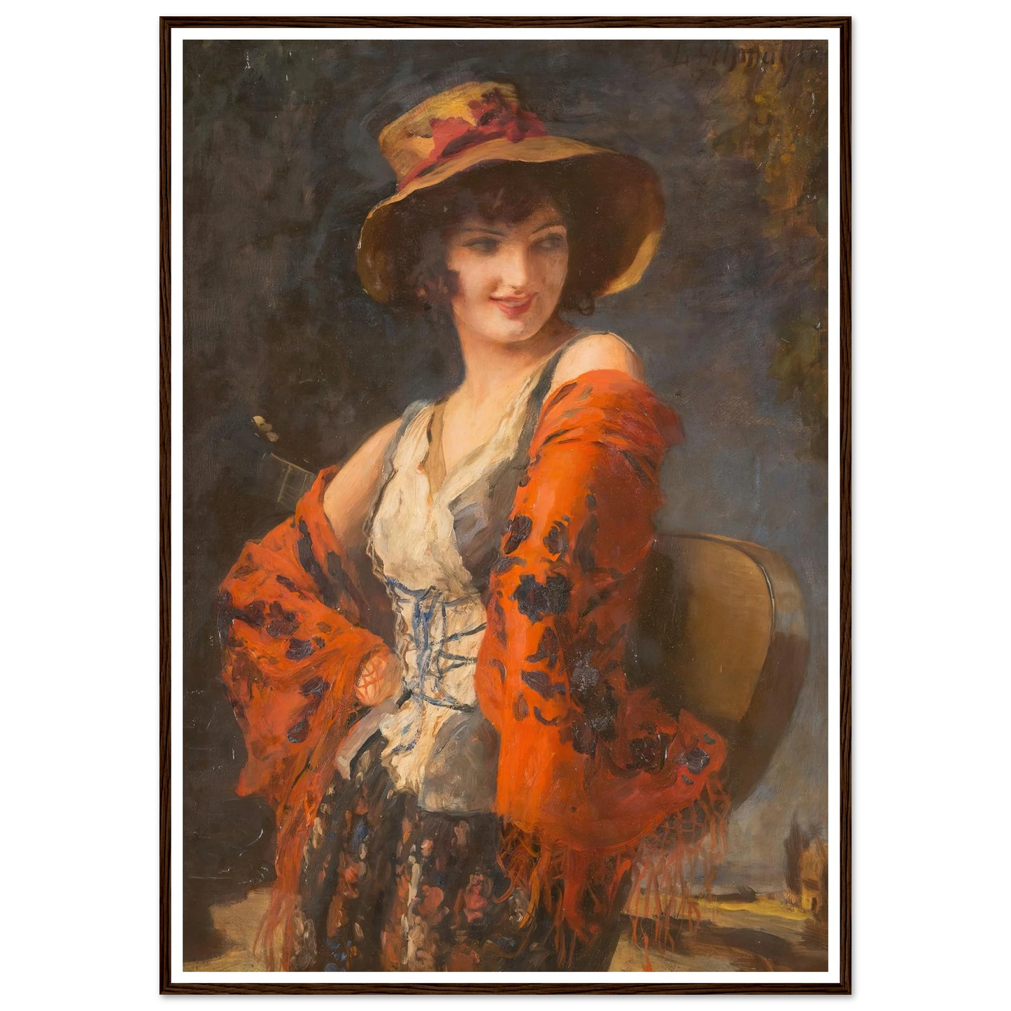 Young woman with guitar Art Print | Leopold Schmutzler - Framed Poster - 30x40 cm / 12x16″ - Black frame