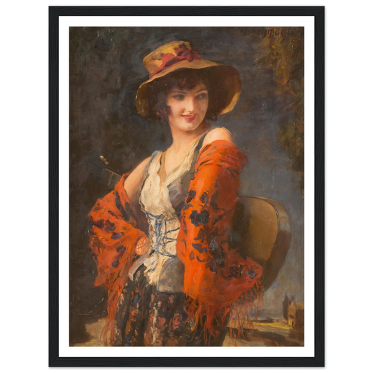 Young woman with guitar Art Print | Leopold Schmutzler - Framed Poster - 30x40 cm / 12x16″ - Black frame