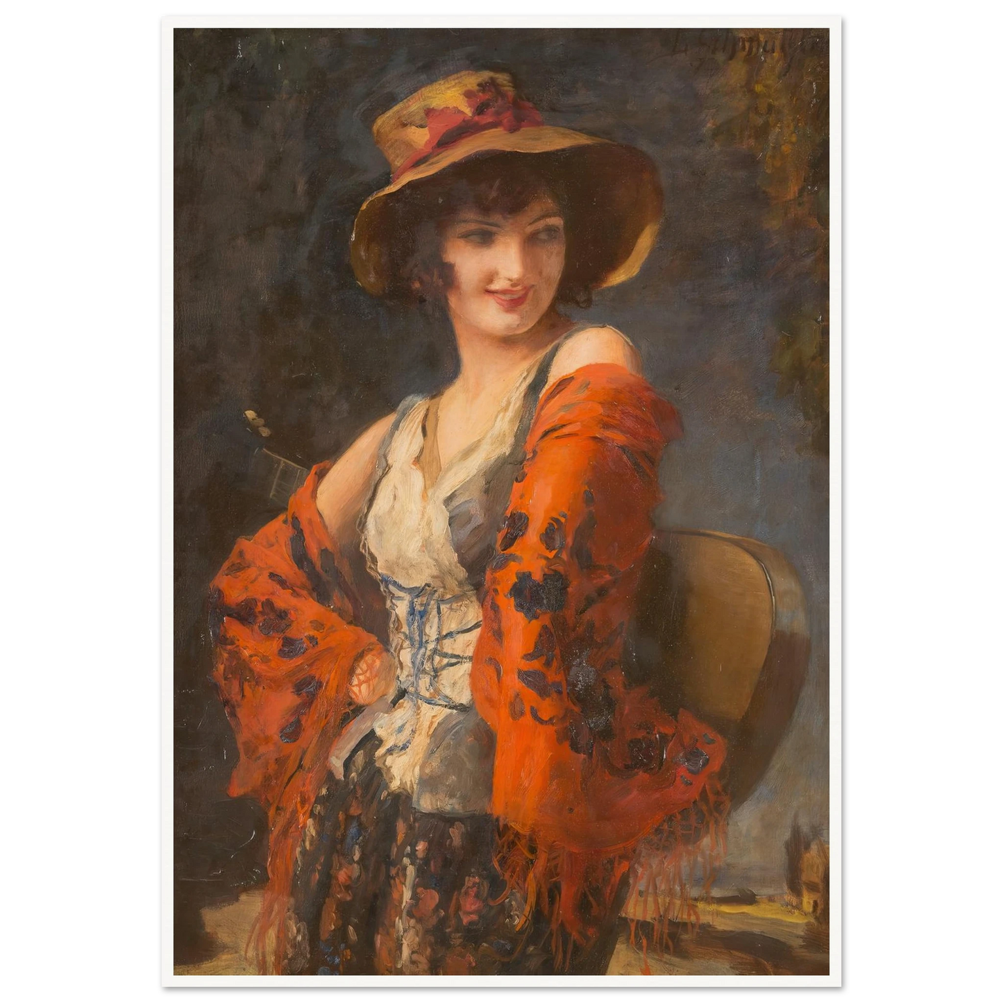 Young woman with guitar Art Print | Leopold Schmutzler - Framed Poster - 30x40 cm / 12x16″ - Black frame