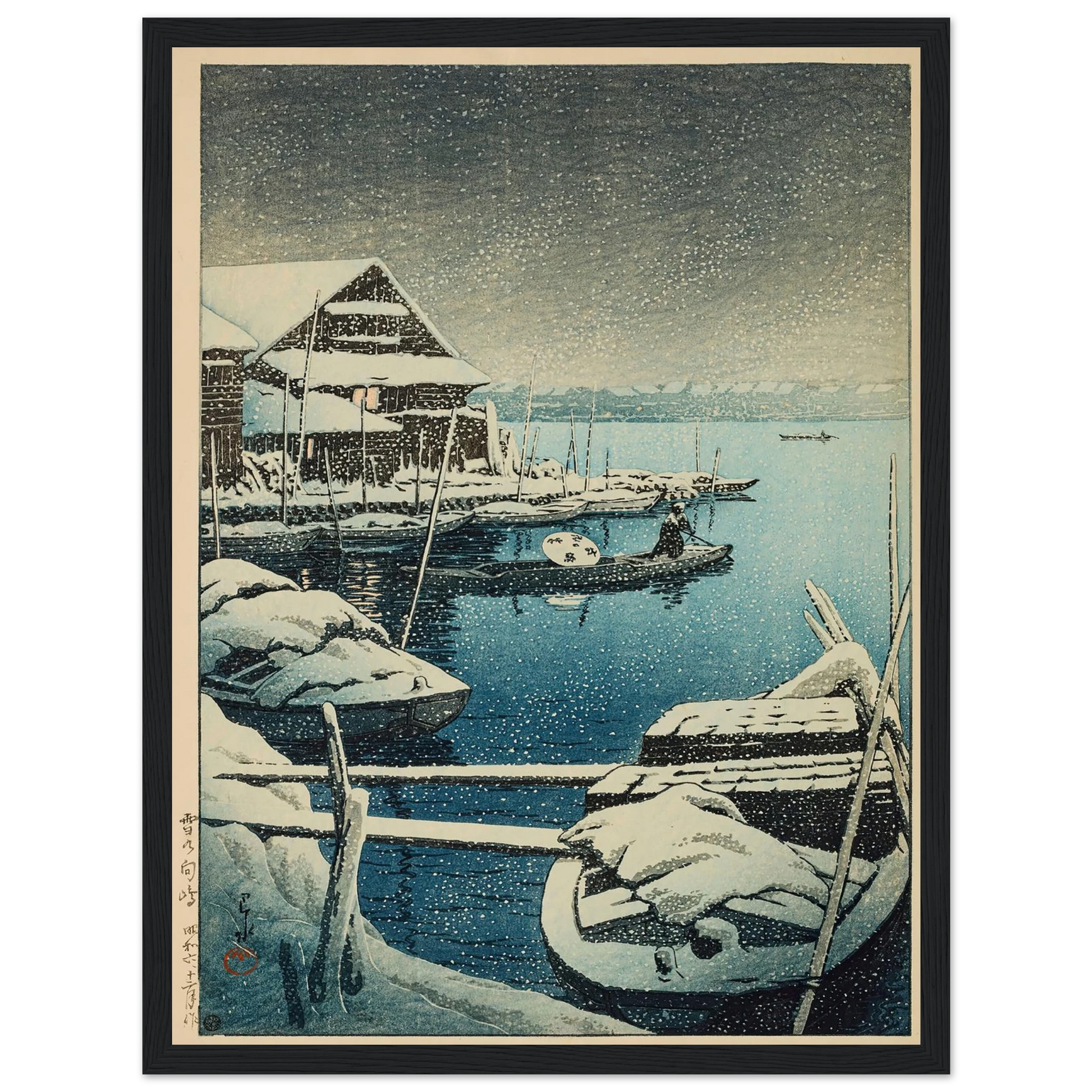 Yuki no Mukojima (Snow at Mukojima) (1931) Art Print | Kawase Hasui - Framed Poster - 30x40 cm / 12x16″ - Black frame