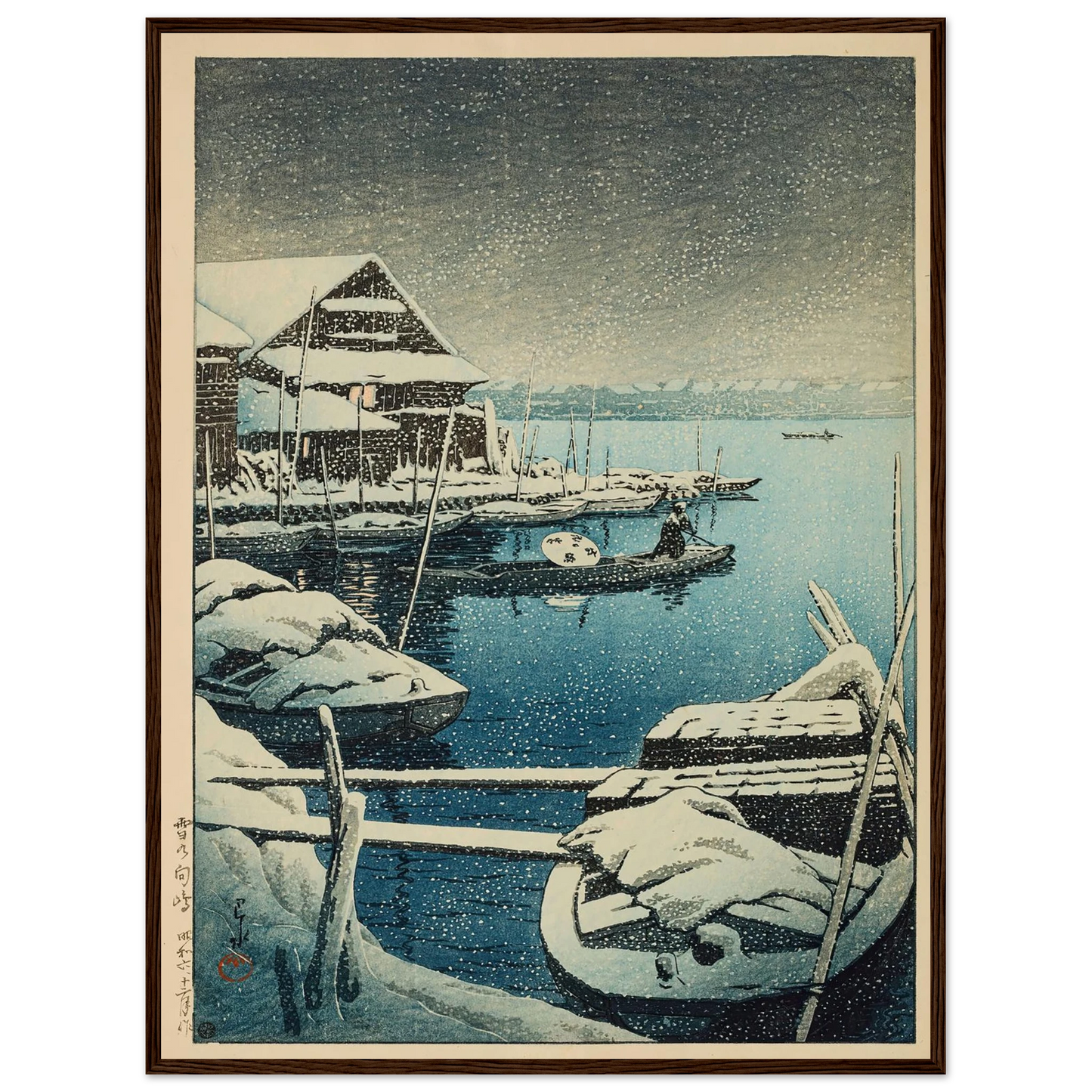 Yuki no Mukojima (Snow at Mukojima) (1931) Art Print | Kawase Hasui - Framed Poster - 30x40 cm / 12x16″ - Black frame