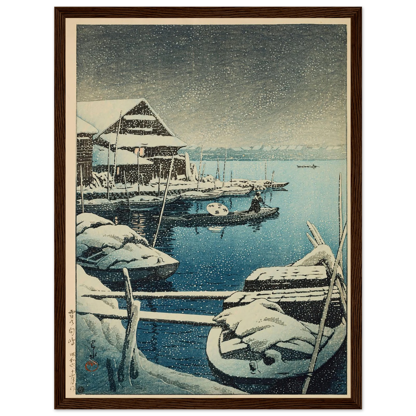 Yuki no Mukojima (Snow at Mukojima) (1931) Art Print | Kawase Hasui - Framed Poster - 30x40 cm / 12x16″ - Black frame