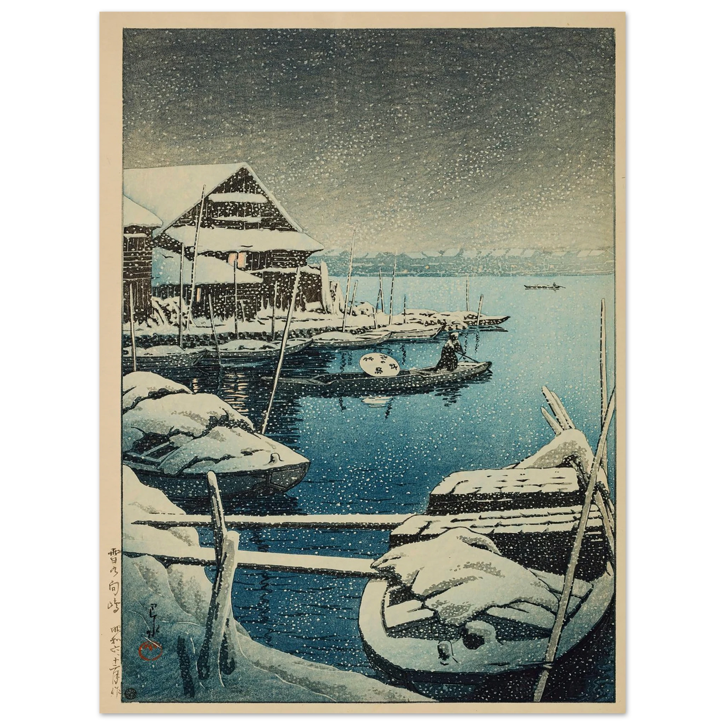 Yuki no Mukojima (Snow at Mukojima) (1931) Art Print | Kawase Hasui - Framed Poster - 30x40 cm / 12x16″ - Black frame