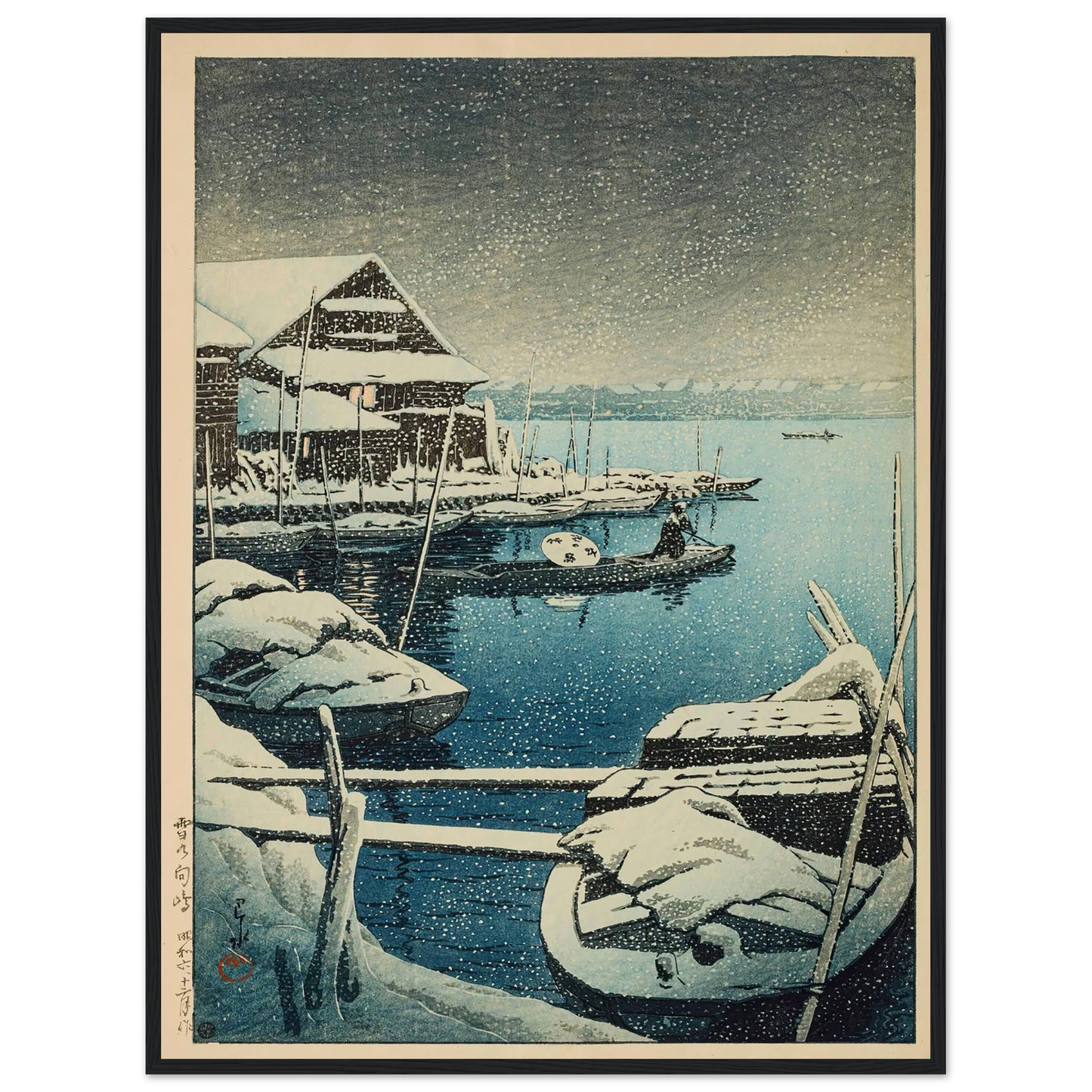 Yuki no Mukojima (Snow at Mukojima) (1931) Art Print | Kawase Hasui - Framed Poster - 30x40 cm / 12x16″ - Black frame
