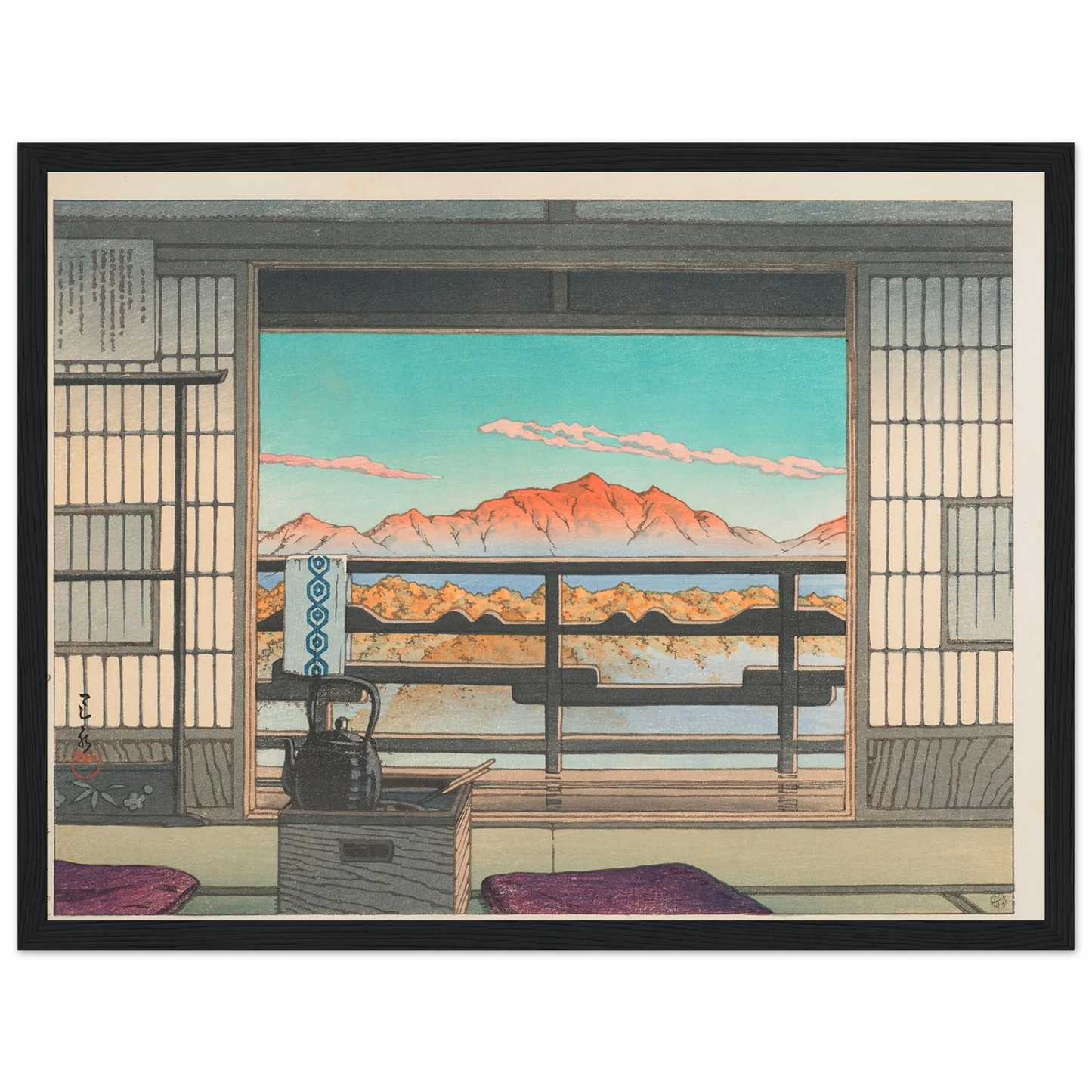 Yuyado no asa Shiobara Arayu (Morning at the Arayu Spa in Shiobara) (1946) Art Print | Kawase Hasui - Framed Poster - 30x40 cm / 12x16″ - Black frame