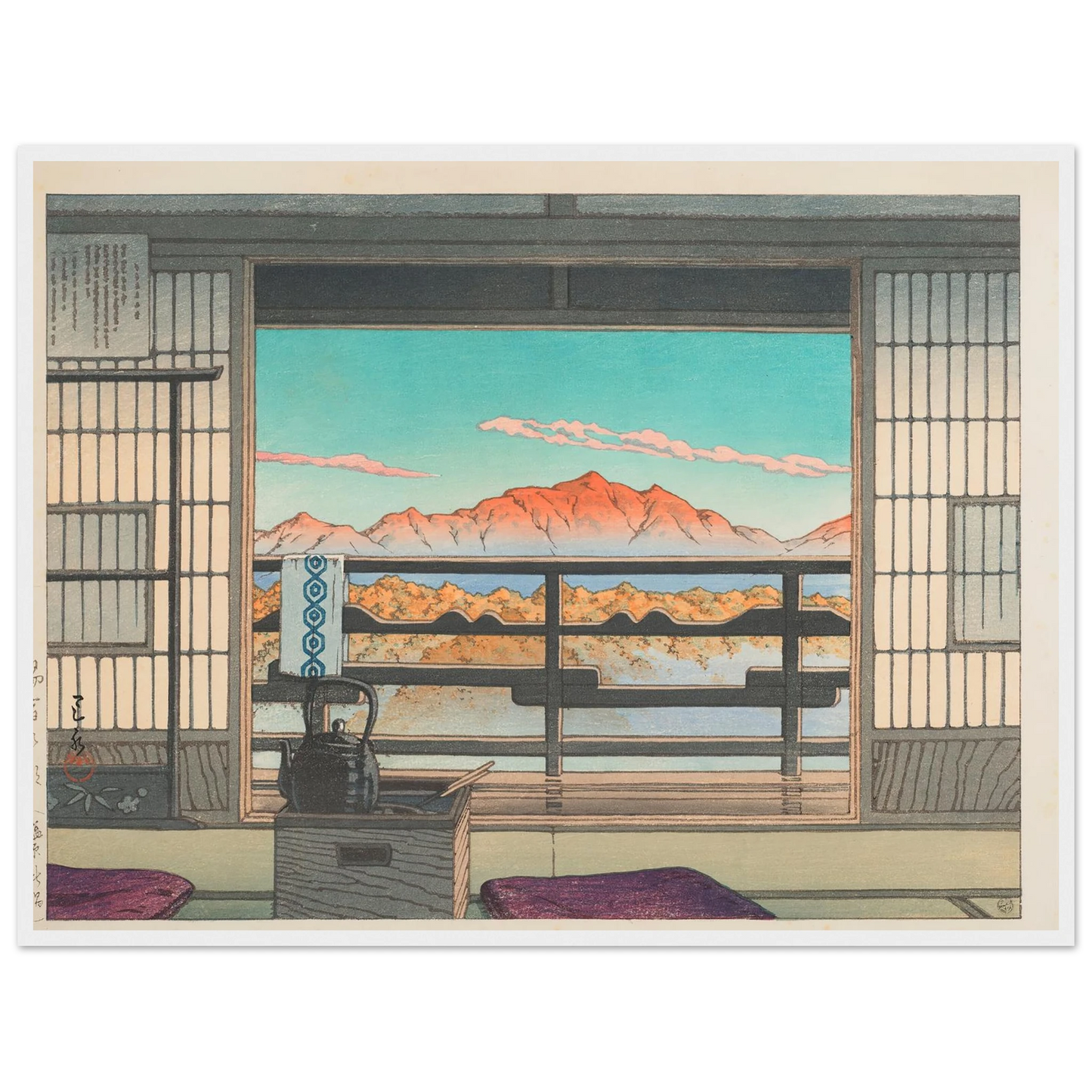 Yuyado no asa Shiobara Arayu (Morning at the Arayu Spa in Shiobara) (1946) Art Print | Kawase Hasui - Framed Poster - 30x40 cm / 12x16″ - Black frame