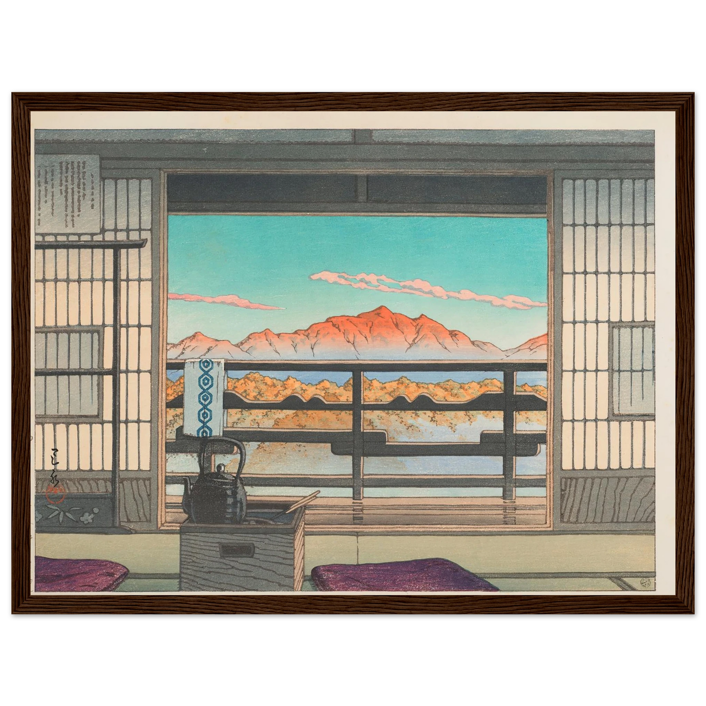 Yuyado no asa Shiobara Arayu (Morning at the Arayu Spa in Shiobara) (1946) Art Print | Kawase Hasui - Framed Poster - 30x40 cm / 12x16″ - Black frame