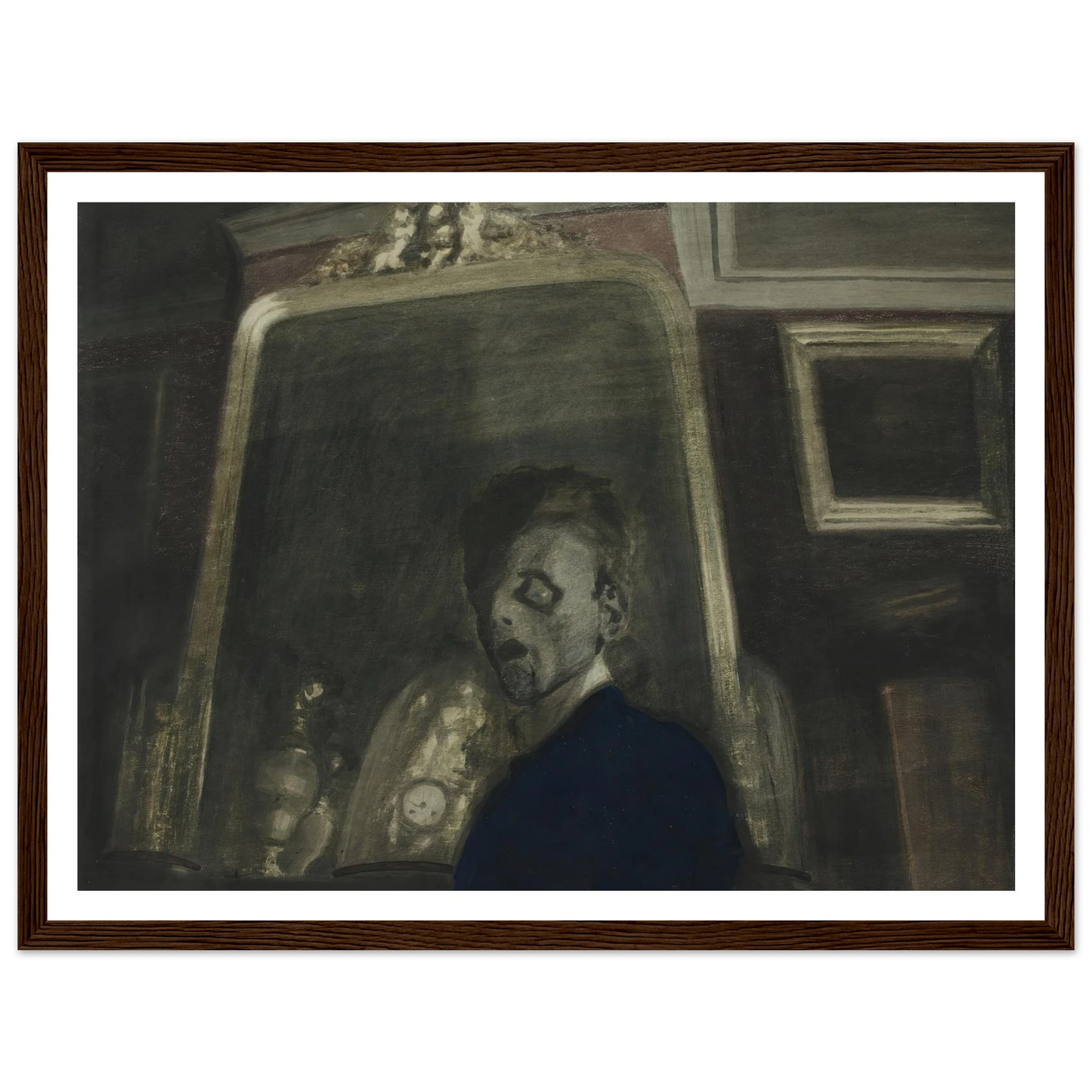 Zelfportret met spiegel (1908) Art Print | Leon Spilliaert - Framed Poster - 30x40 cm / 12x16″ - Black frame