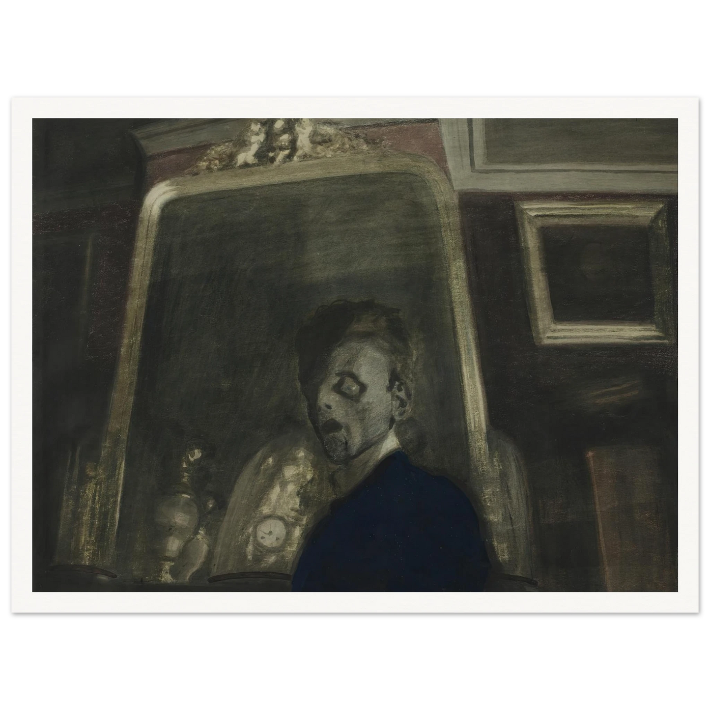 Zelfportret met spiegel (1908) Art Print | Leon Spilliaert - Framed Poster - 30x40 cm / 12x16″ - Black frame