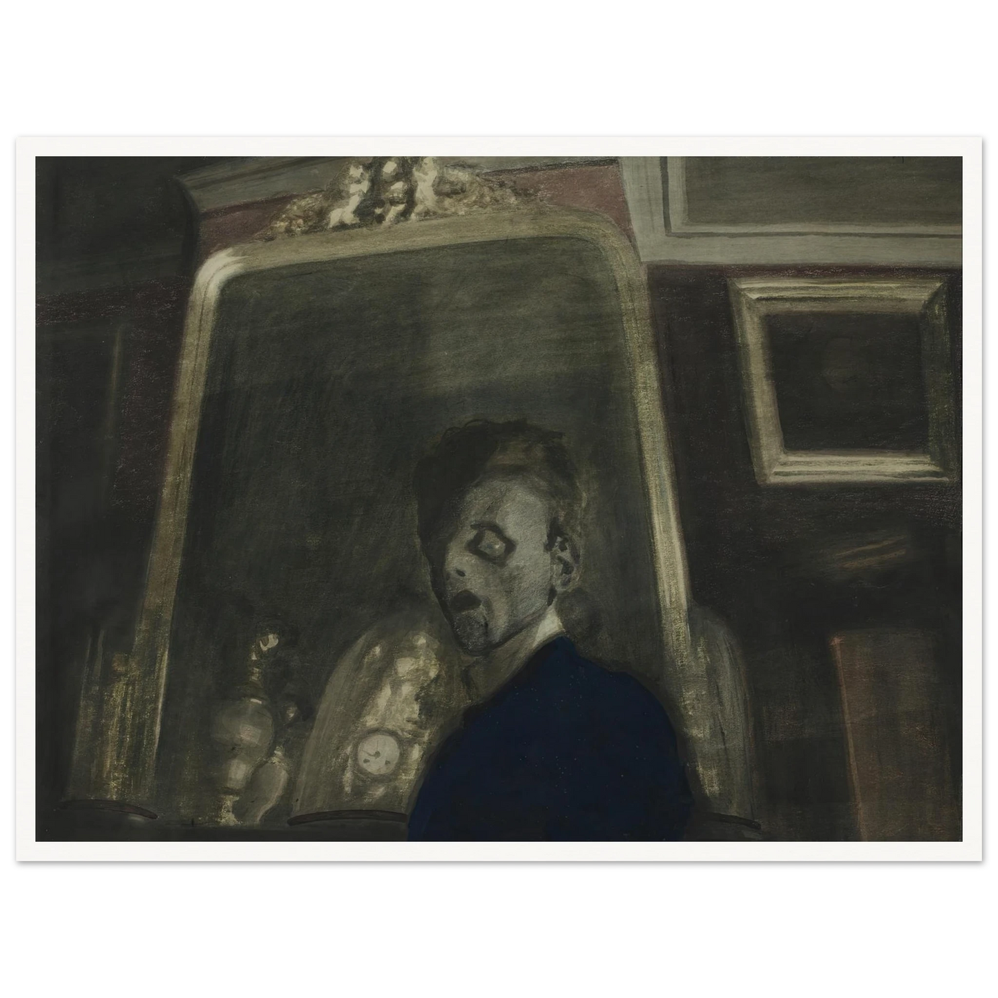 Zelfportret met spiegel (1908) Art Print | Leon Spilliaert - Framed Poster - 30x40 cm / 12x16″ - Black frame